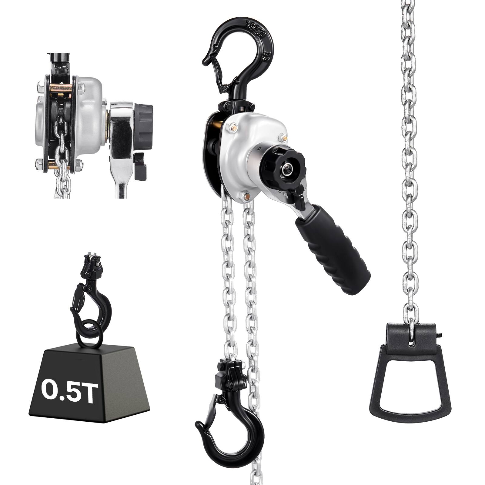 Front. VEVOR - Manual Lever Chain Hoist,1/2T 1100LBS Capacity Come Along,5FT Lift G80 Alloy Steel Chain With Dual Pawl Mechanical Brake - Sliver and Black.