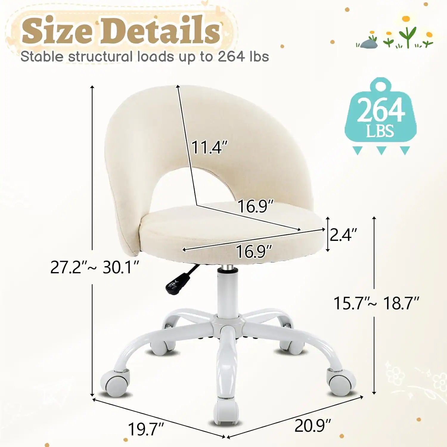Size Details  
Stable structural loads up to 264 lbs  
11.4"  
16.9"  
27.2" ~ 30.1"  
16.9"  
2.4"  
15.7" ~ 18.7"  
19.7"  
20.9"