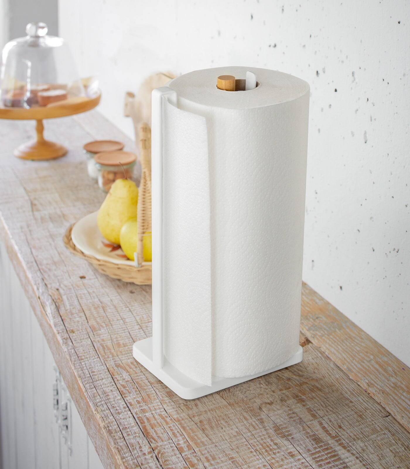 Left. Yamazaki Home - Paper Towel Holder - Steel + Wood - White.