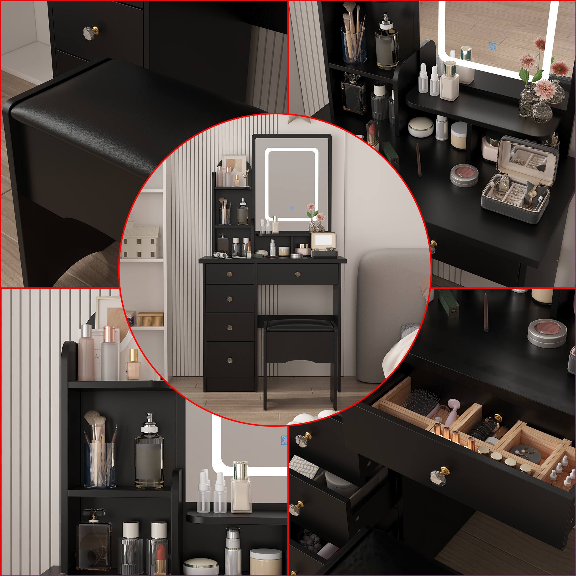 Alt View 1. Famapy - Vanity Table with LED Mirror, Storage Drawers & Stool – Makeup Dresser Organizer for Bedroom - Black.