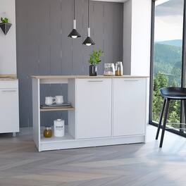 Loheer - Modern Stationary Kitchen Island with Cabinets Light Oak White - Light Oak and White