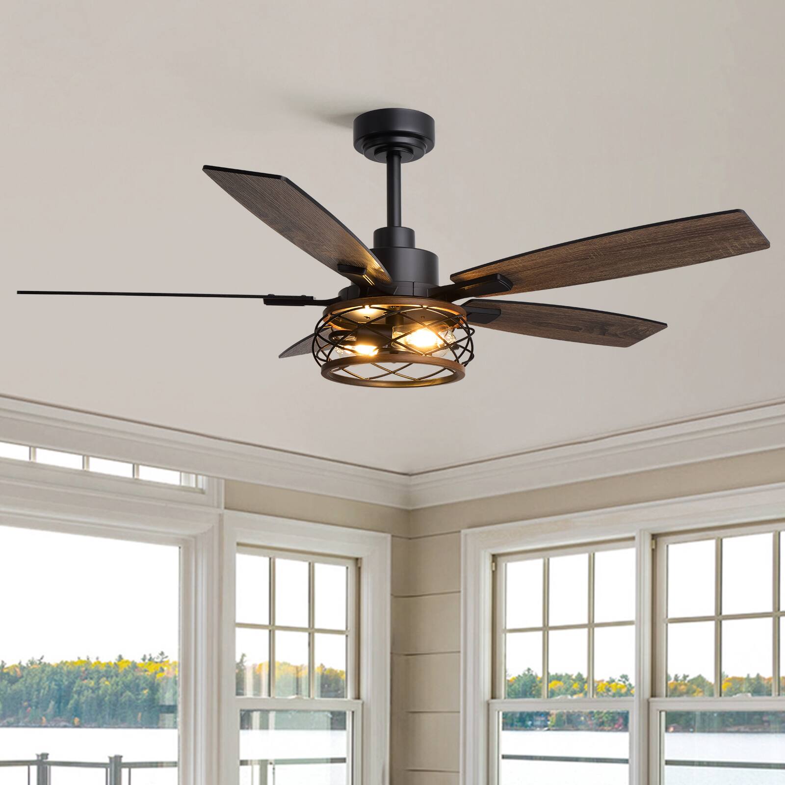 Left. Siljoy - 52 Inch Farmhouse Cage Ceiling Fan with Light Remote Control Wood Grain Design Perfect for Bedroom Living Room - Black and Wood Grain.