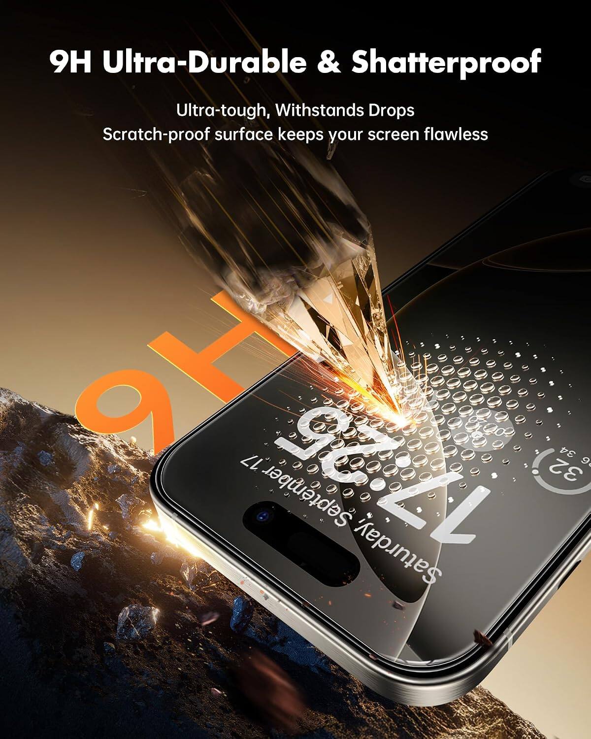 9H Ultra-Durable & Shatterproof  
Ultra-tough, Withstands Drops  
Scratch-proof surface keeps your screen flawless  

9H  
17:25  
32  
34  
9 September Saturday