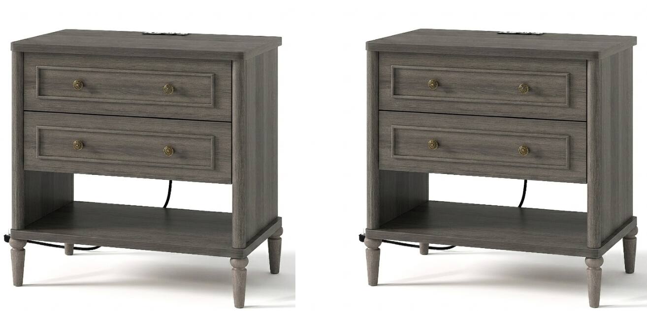 Bestier - Set of 2 Farmhouse Nightstands with Charging Station, Solid Wood Gourd Legs, Rounded Corners, USB & USB-C Ports - Charcoal stained Ash price history on PriceWatchPro