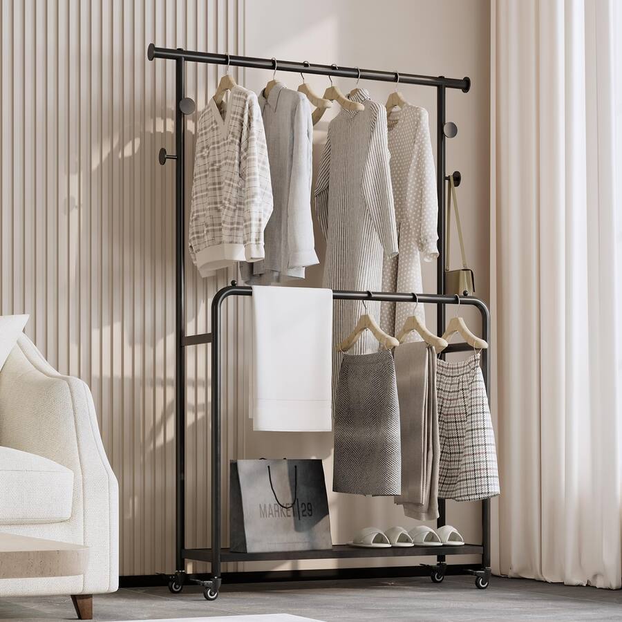 Refined Abode Design Sturdy Metal Double Rods Clothes Rack With Wheels ...