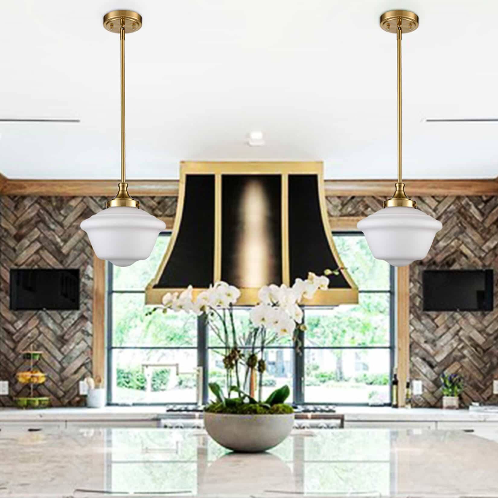 Left. MOOSE - Schoolhouse Glass Pendant Light Fixture for Kitchen Island - Gold.