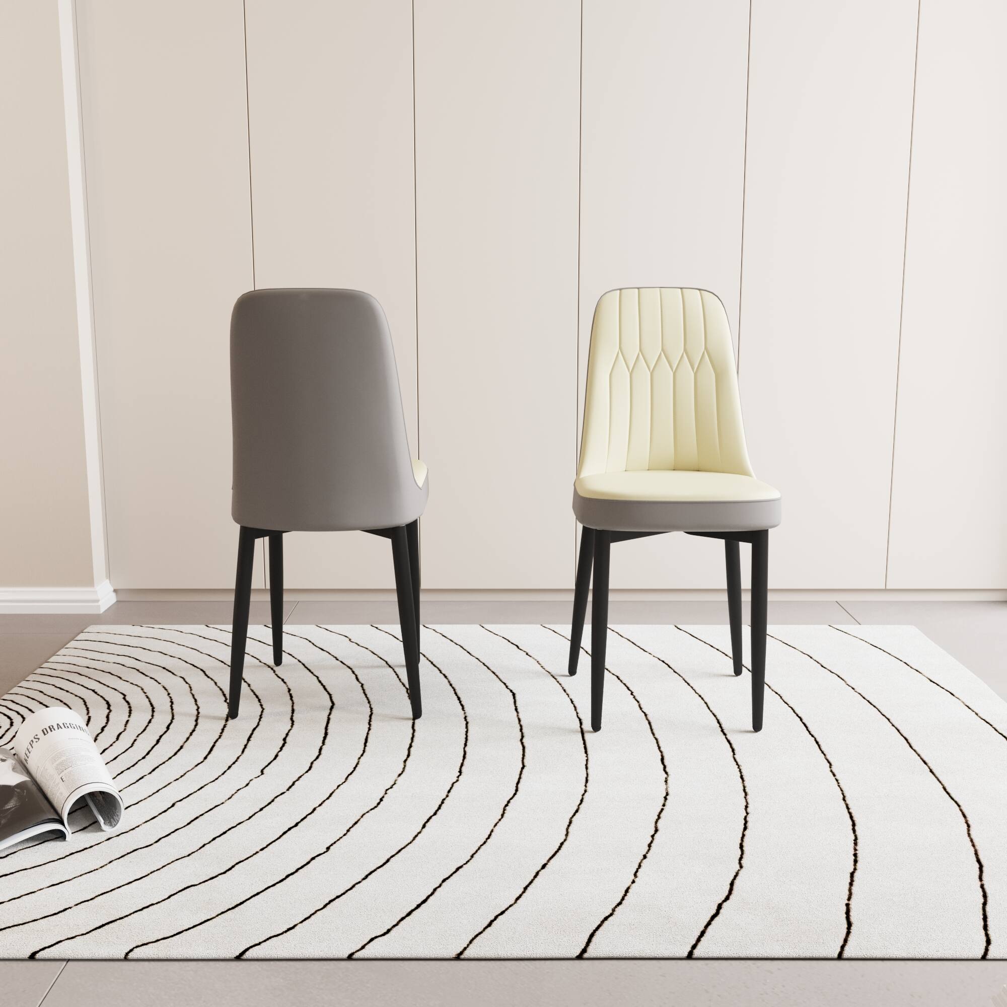 Alt View 1. Tiramisubest - Modern Style Dining Chair Set of 2 with Thick Cushions and Black Metal Legs in Beige and Grey PU Leather - Beige.