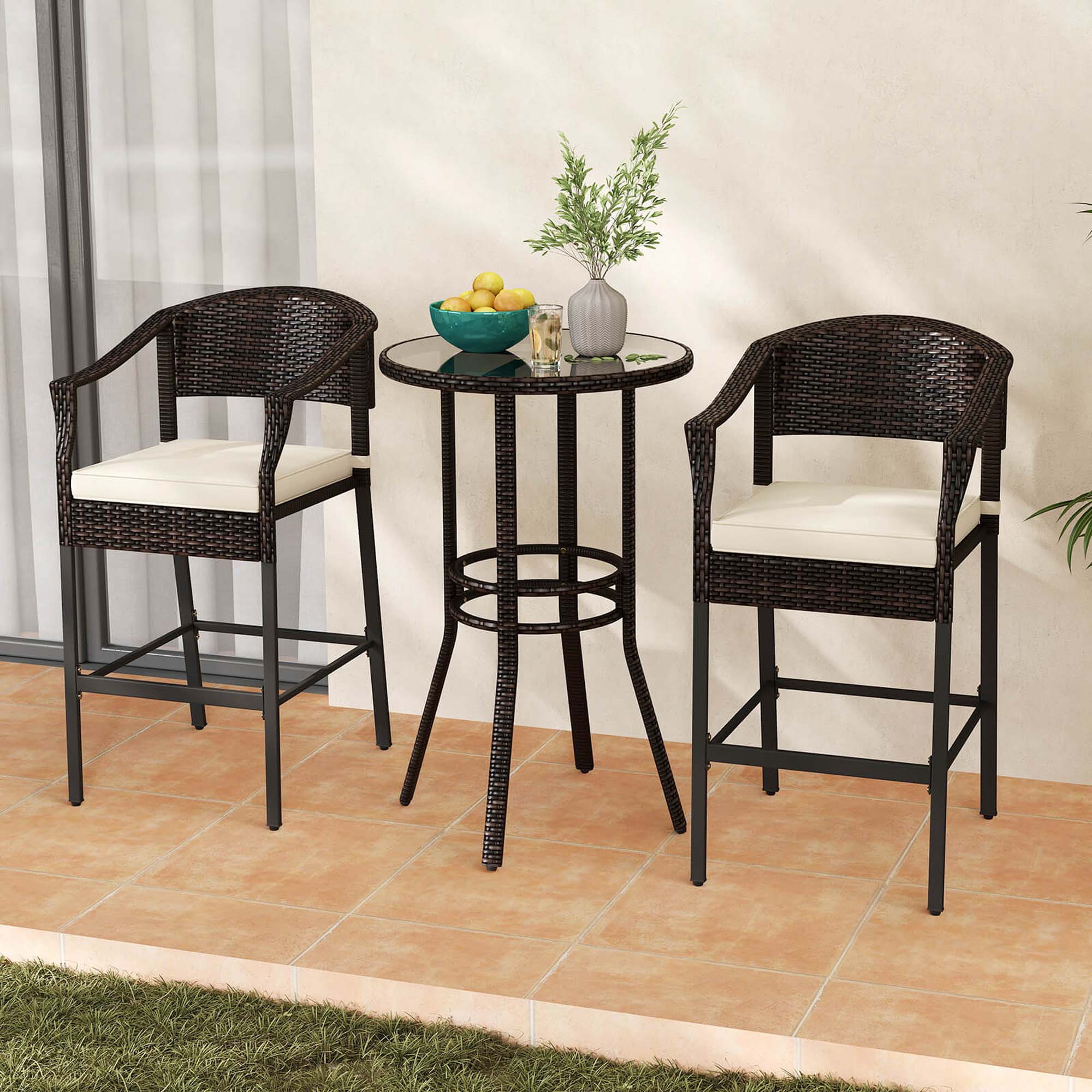 Alt View 3. Costway - 3 PCS Patio Rattan Bar Set Wicker Armchairs & Round Table with Tempered Glass Top - Mix Brown,Off White.