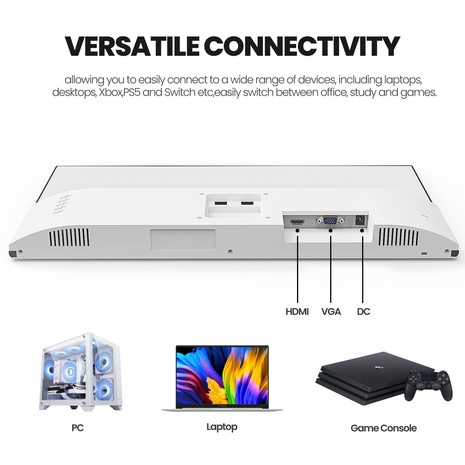 VERSATILE CONNECTIVITY  
allowing you to easily connect to a wide range of devices, including laptops, desktops, Xbox, PS5 and Switch etc, easily switch between office, study and games.

HDMI VGA DC

PC Laptop Game Console