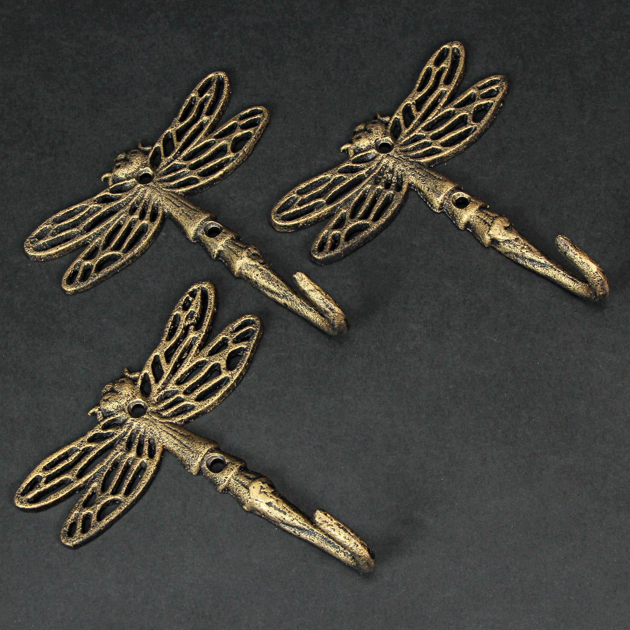 Alt View 6. Zeckos - 5 Inch Cast Iron Dragonfly Wall Hook Decorative Towel Hangers Coat Rack Set of 3 - Gold.