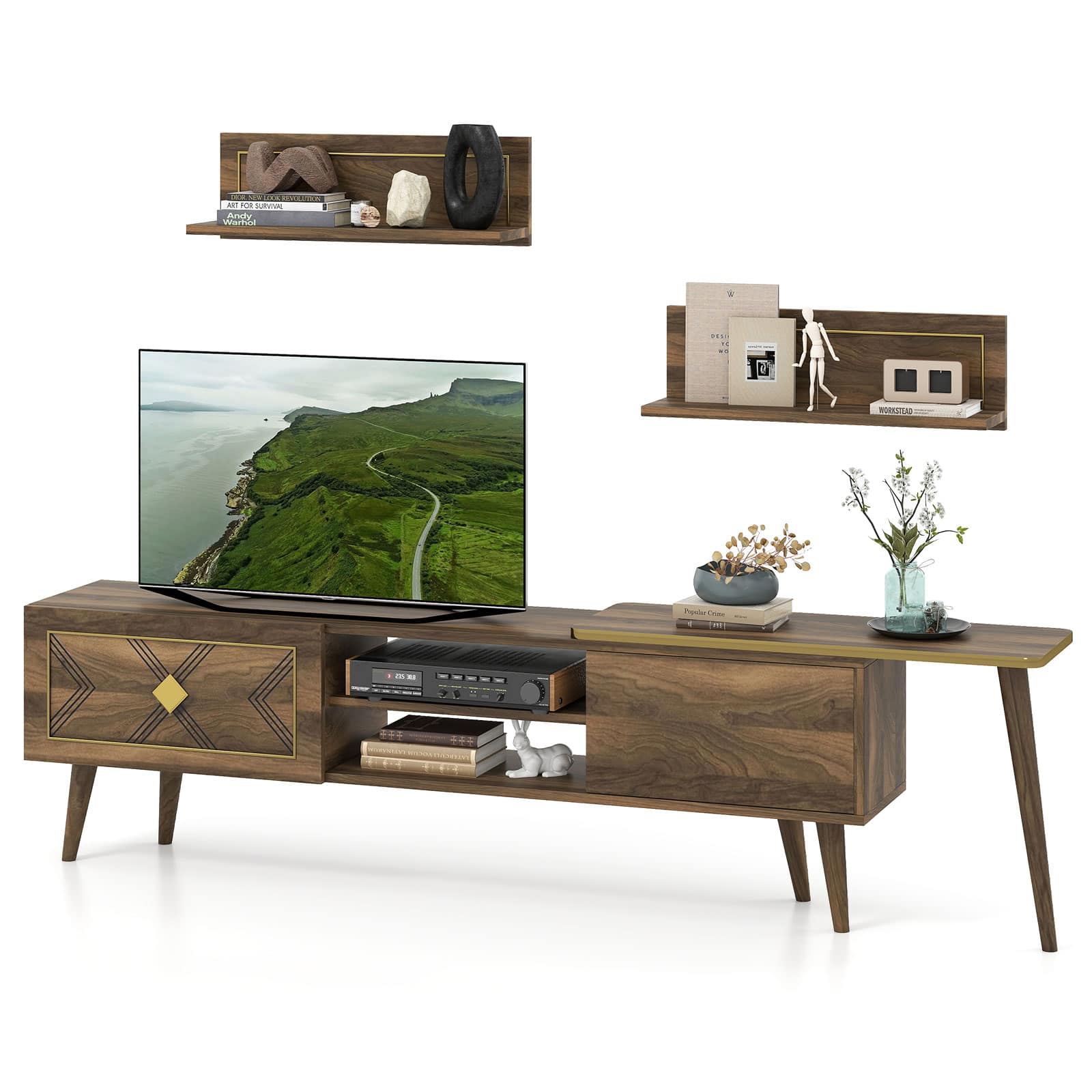 Gymax - TV Stand Rustic Farmhouse Entertainment Center Suits TVs up to 85 Inches - Walnut