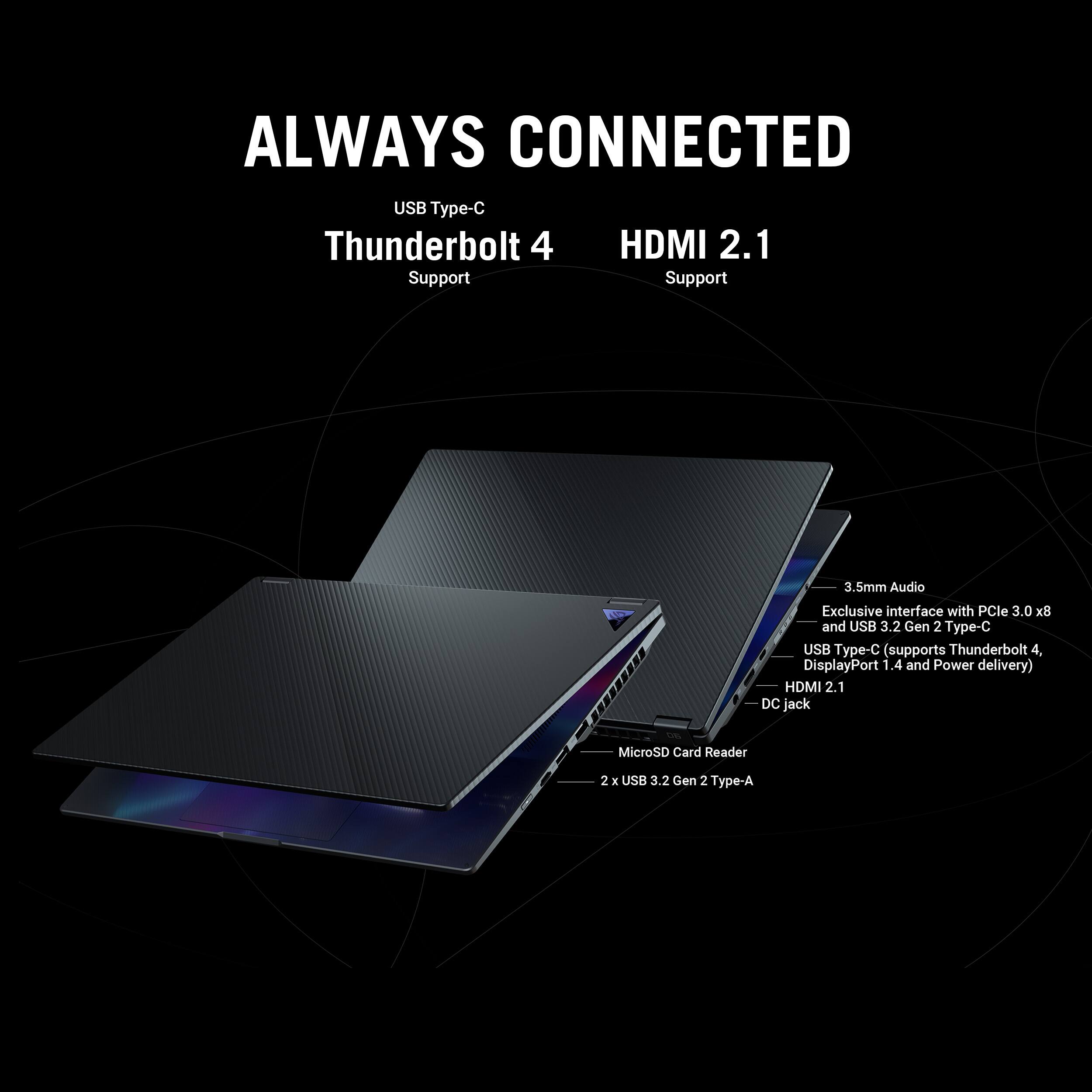 The image features a laptop with the text "Always Connected USB Type-C Thunderbolt 4 HDMI 2.1 Support Support 3 Smm Audio ada Exclusive interface with PCle 3.0 and USB 3.2 Gen 2 y- USB ype-C (supports Thunderbolt 4, DisplayPort 1.4 and Power delivery) HDMI 2.1 DC jack MicroSD Card Reader 2 E USB 3.2 Gen 2 Type-A." This text describes the laptop's features and capabilities, including its USB Type-C support, Thunderbolt 4, HDMI 2.1, and various other connectivity options.
