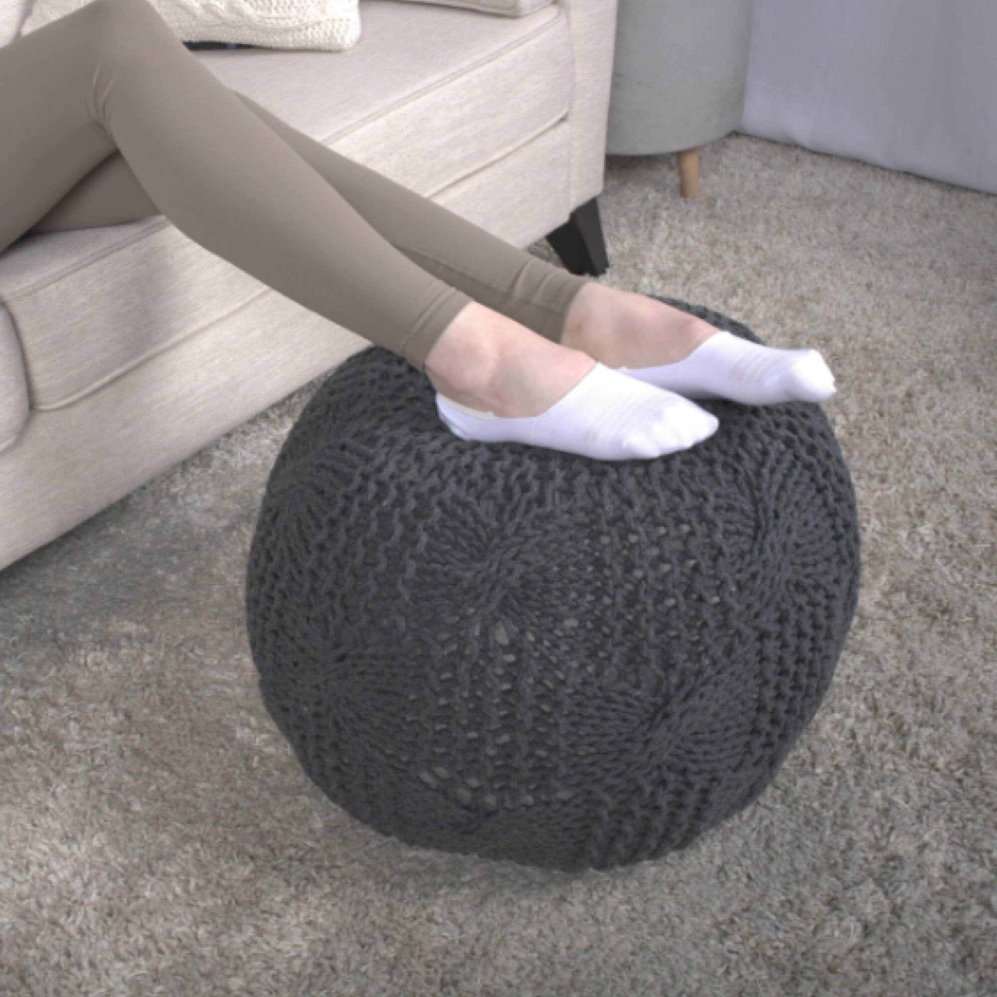 Alt View 1. GOODSILO - Handcrafted Knitted Cotton Round Pouf Ottoman and Floor Cushion in Neutral Beige - Dark Gray.