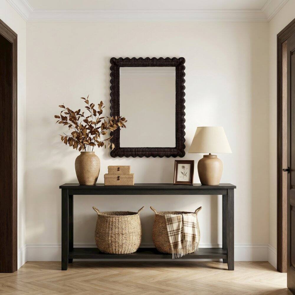 Alt View 2. Butler Specialty - Flora 30 in. W x 40 in. H Rectangular Rattan Scalloped Edge Wall Mirror - Brown.