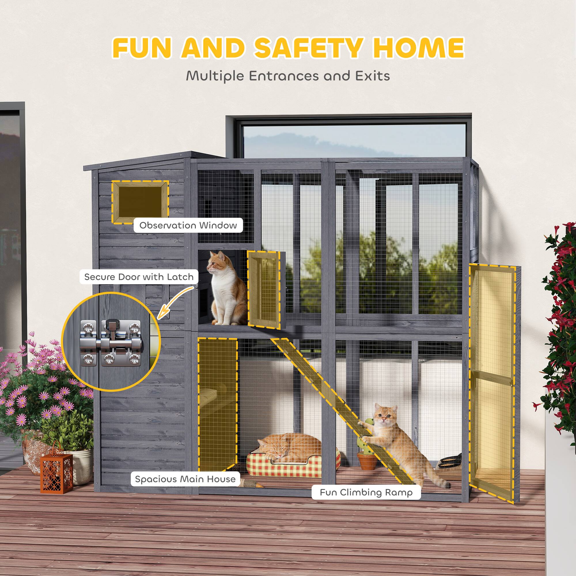 FUN AND SAFETY HOME  
Multiple Entrances and Exits  

- Observation Window  
- Secure Door with Latch  
- Spacious Main House  
- Fun Climbing Ramp