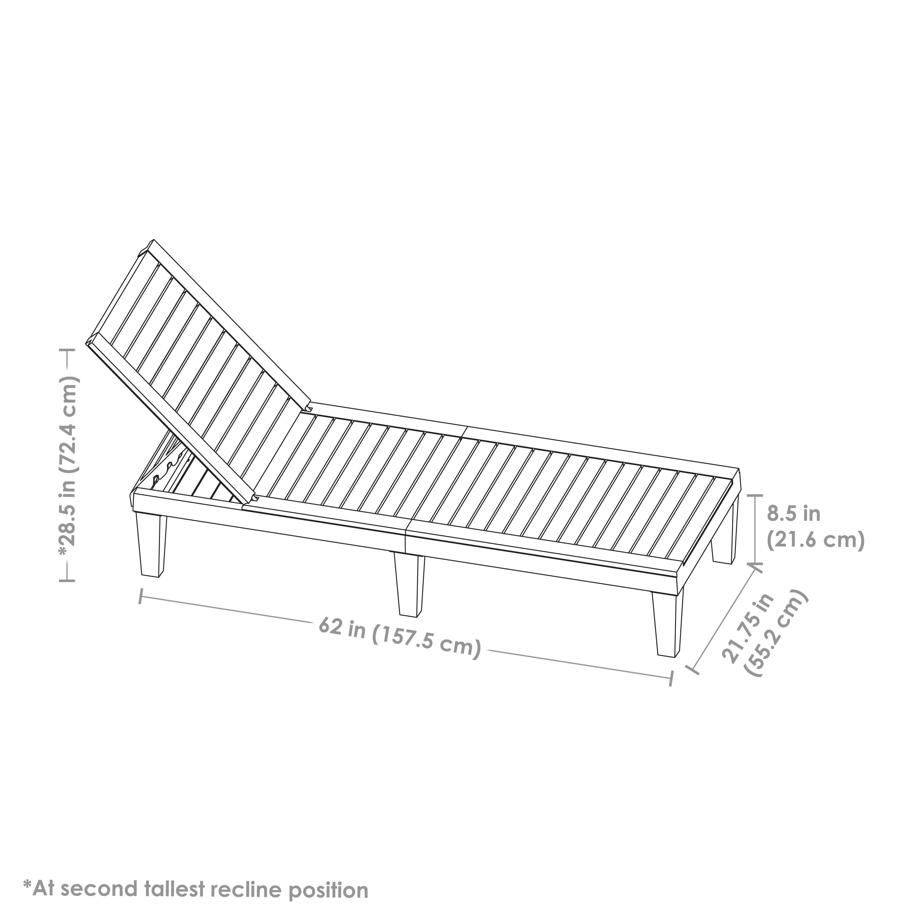 - Height: 28.5 in (72.4 cm) *At second tallest recline position
- Width: 62 in (157.5 cm)
- Depth: 21.75 in (55.2 cm)
- Thickness: 8.5 in (21.6 cm)