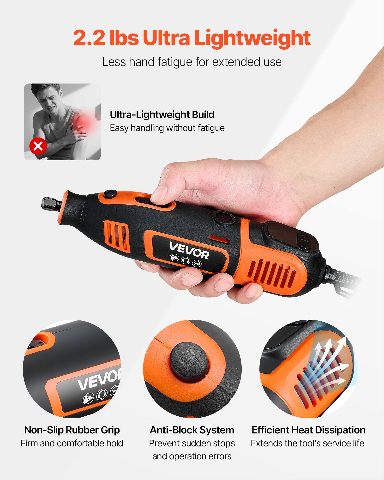 2.2 lbs Ultra Lightweight  
Less hand fatigue for extended use  

Ultra-Lightweight Build  
Easy handling without fatigue  

Non-Slip Rubber Grip  
Firm and comfortable hold  

Anti-Block System  
Prevent sudden stops and operation errors  

Efficient Heat Dissipation  
Extends the tool's service life