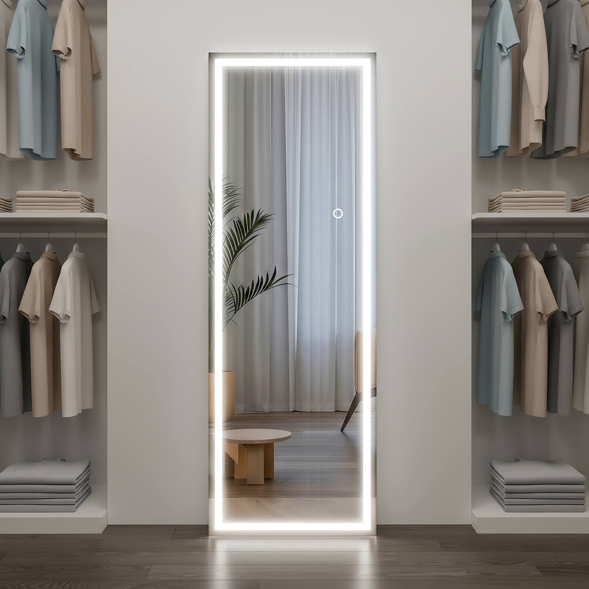 Spaco - 64 x 21 Rectangle Frameless Full-Length Tempered Mirror with Adjustable 3-Color LED Light - Black