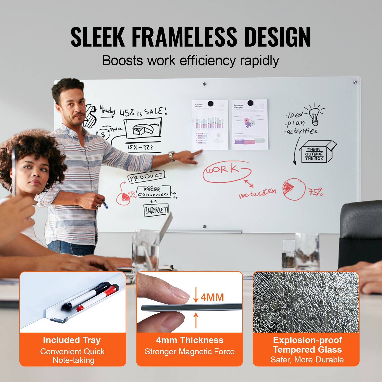 SLEEK FRAMELESS DESIGN  
Boosts work efficiency rapidly  

Included Tray  
Convenient Quick Note-taking  

4mm Thickness  
Stronger Magnetic Force  

Explosion-proof Tempered Glass  
Safer, More Durable  

45% is SALE!  
15%-??  

Think Outside the Box  

Work  
Reduction  
75%  

Product  
Consumers  
Internet  

Ideas  
Plan  
Activities  

4MM