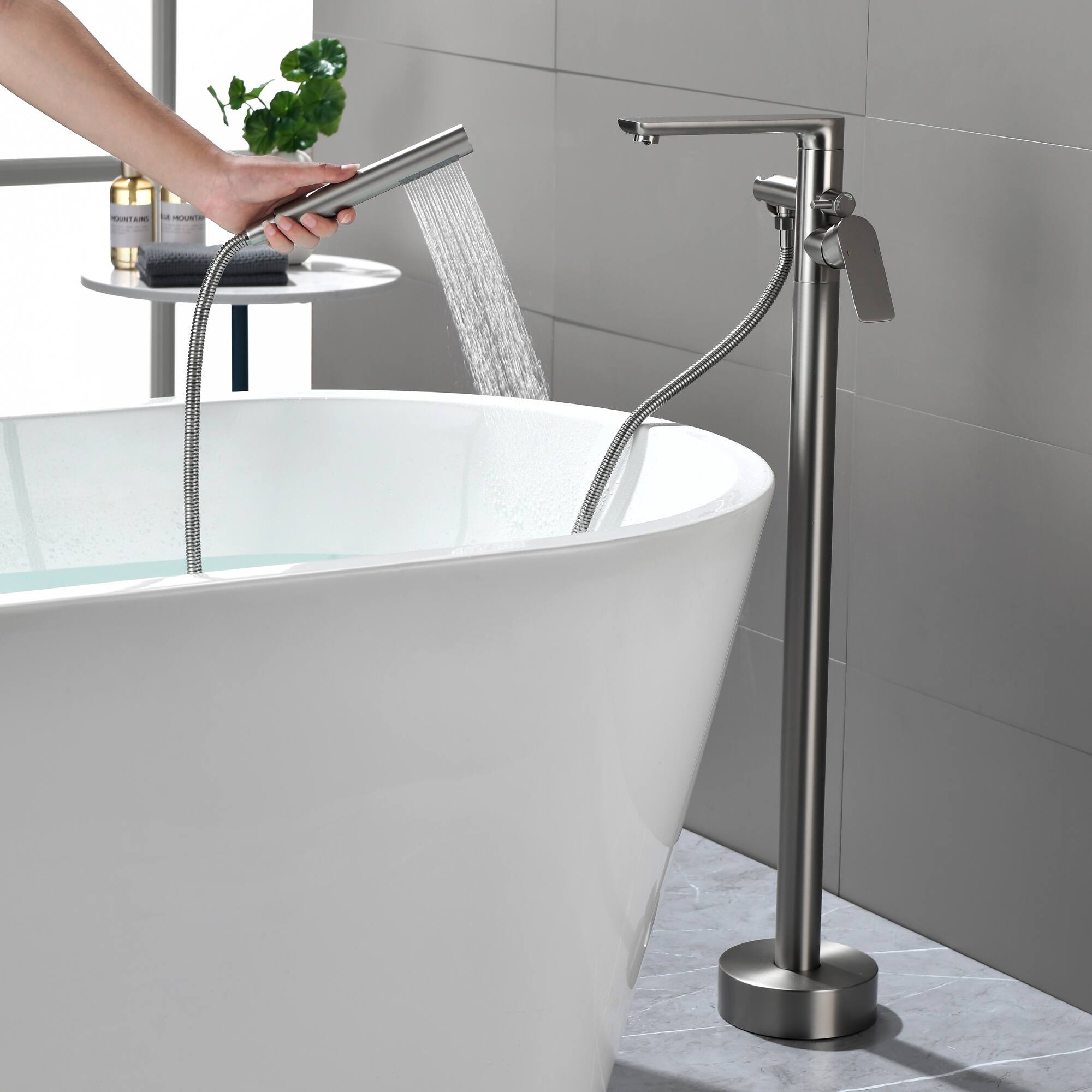 Alt View 3. Boyel Living - Brushed Nickel Freestanding Bathtub Faucet Solid Brass Single Handle 360° Swivel 60-Inch Hose cUPC Certified - Brushed Nickel.