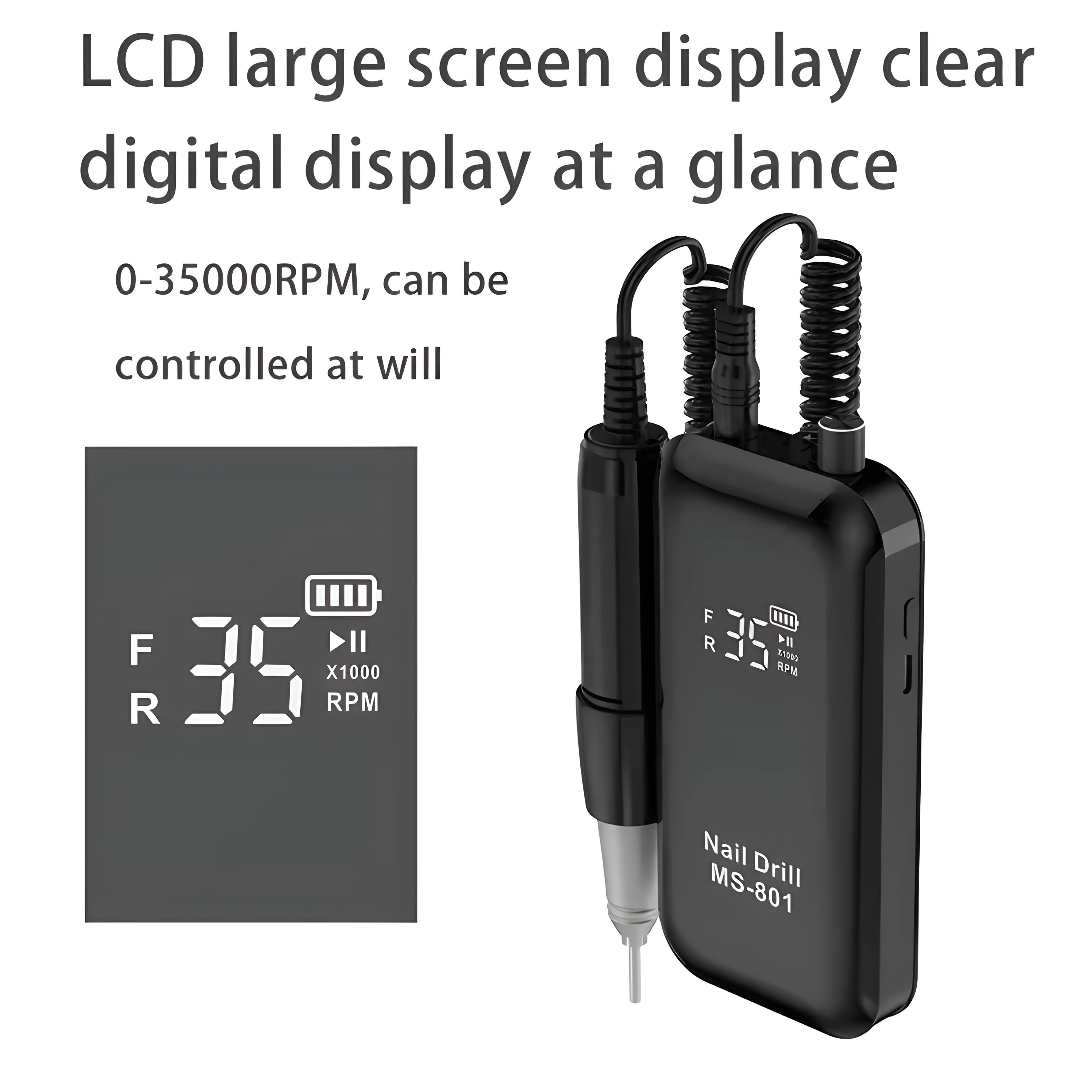 LCD large screen display clear digital display at a glance

0-35000RPM, can be controlled at will

F R 35 X1000 RPM

Nail Drill MS-801