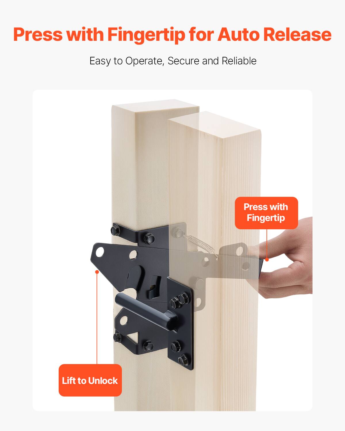 Press with Fingertip for Auto Release  
Easy to Operate, Secure and Reliable  

Press with Fingertip  
Lift to Unlock