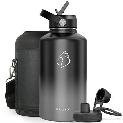 Angle. Buzio - 64oz Insulated Water Bottle with Straw Lid and Spout Lid - Black & Gray.
