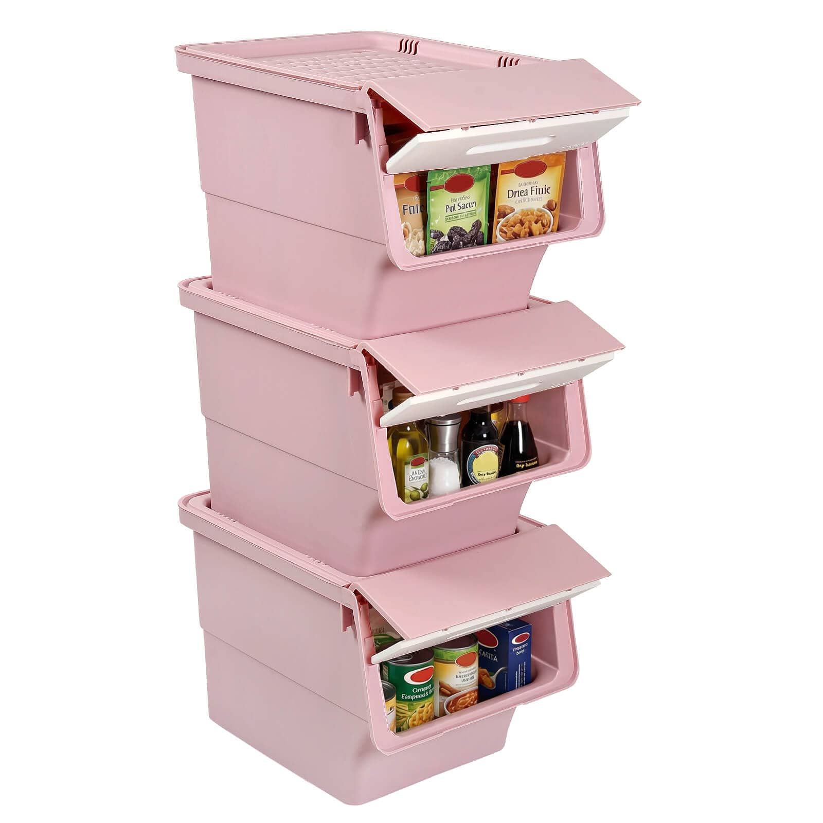 Costway - 3 PCS Storage Bins on Wheels with Stay-Open Lid for Kitchen Bedroom Laundry Closet - White + Pink