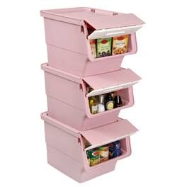 Costway - 3 PCS Storage Bins on Wheels with Stay-Open Lid for Kitchen Bedroom Laundry Closet - White + Pink