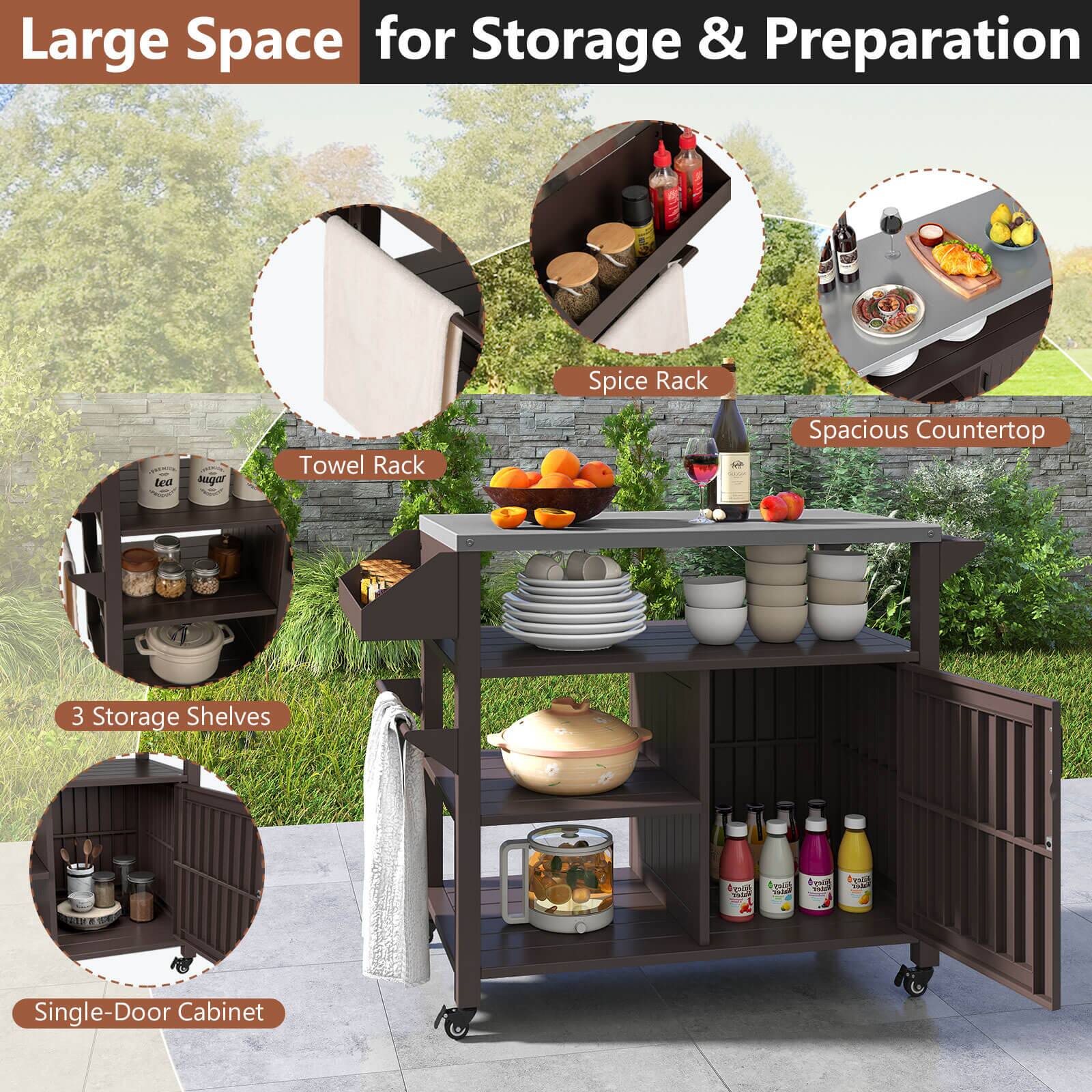 Large Space for Storage & Preparation

- Towel Rack
- Spice Rack
- Spacious Countertop
- 3 Storage Shelves
- Single-Door Cabinet