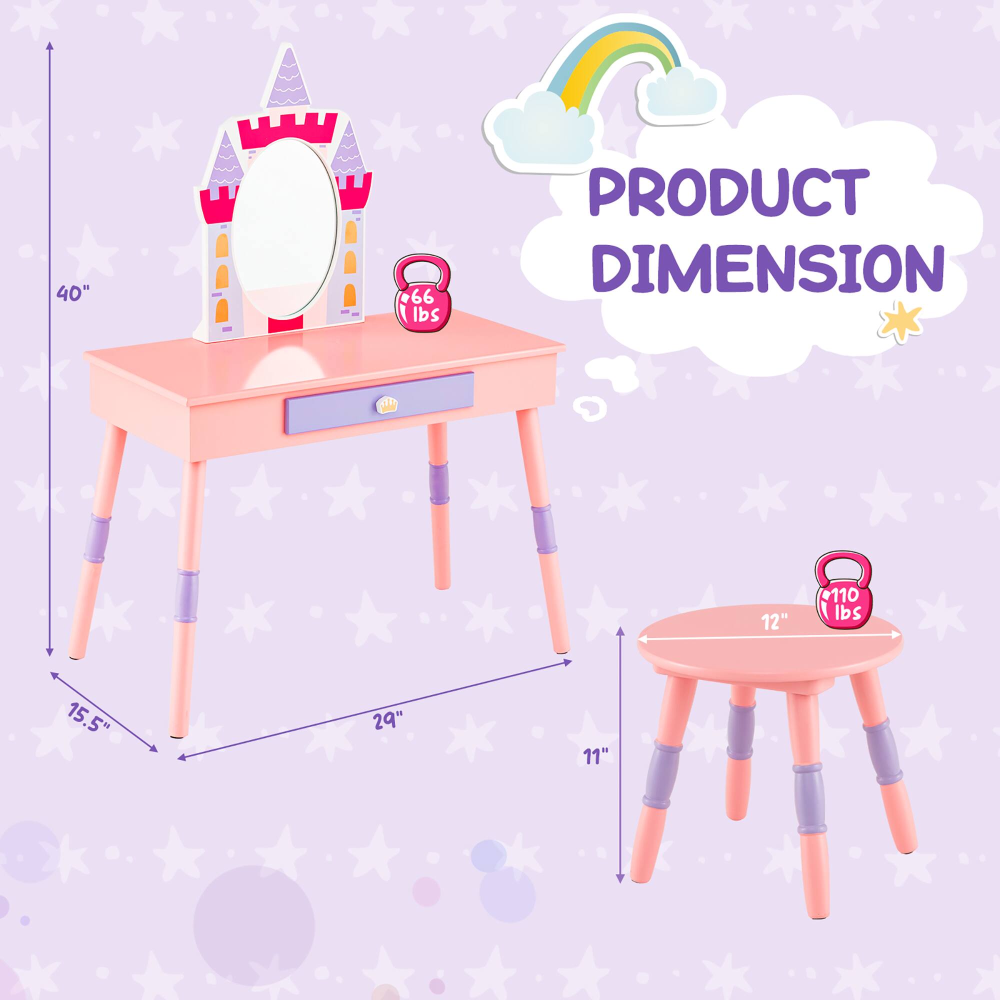 The corrected text is:

- 40" (height)
- 66 lbs (weight)
- PRODUCT DIMENSION
- 12" (diameter of stool)
- 110 lbs (weight capacity)
- 15.5" (width)
- 29" (length)
- 11" (height of stool)
