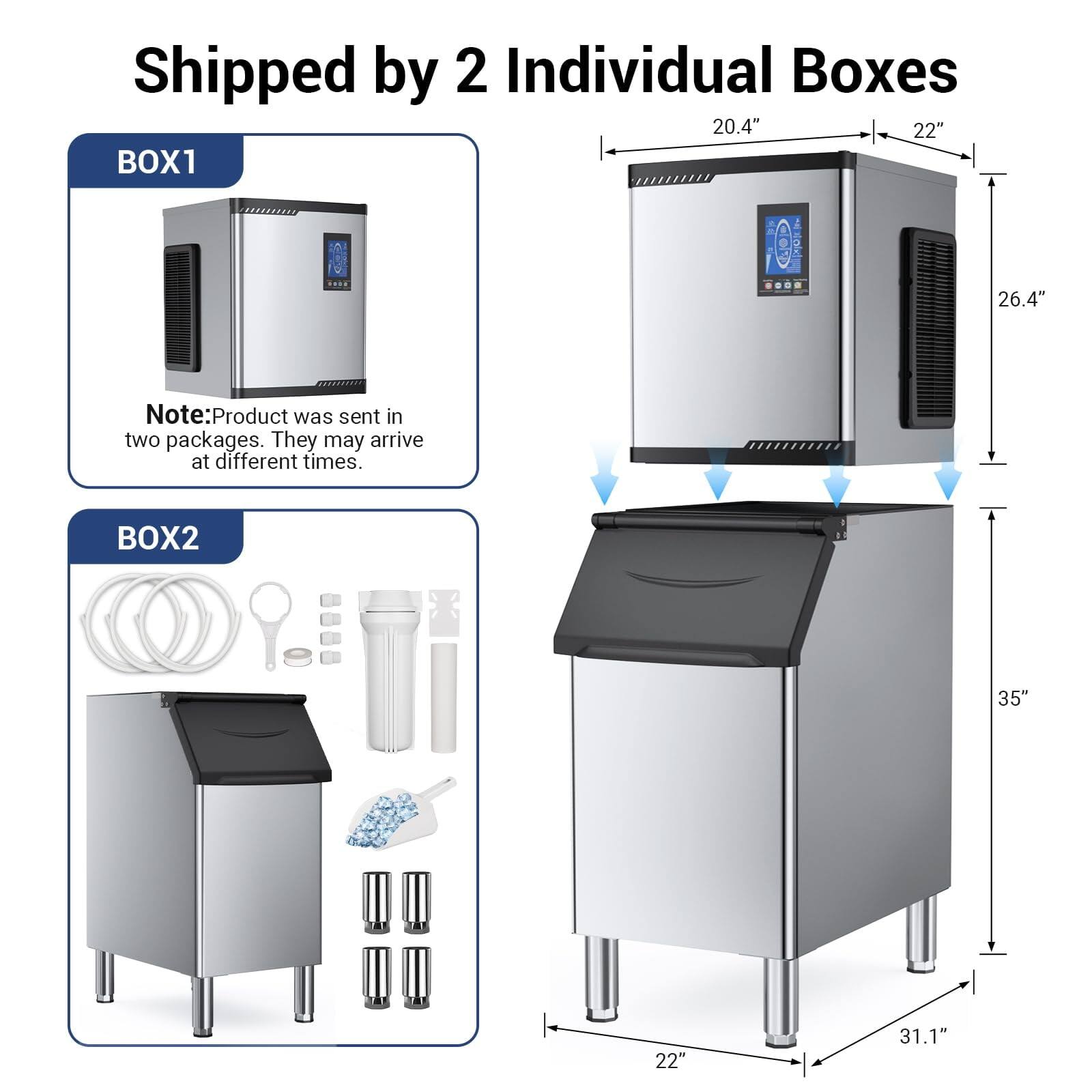 Shipped by 2 Individual Boxes

BOX1
Note: Product was sent in two packages. They may arrive at different times.

BOX2

Dimensions:
- BOX1: 20.4" x 22" x 26.4"
- BOX2: 35" x 22" x 31.1"