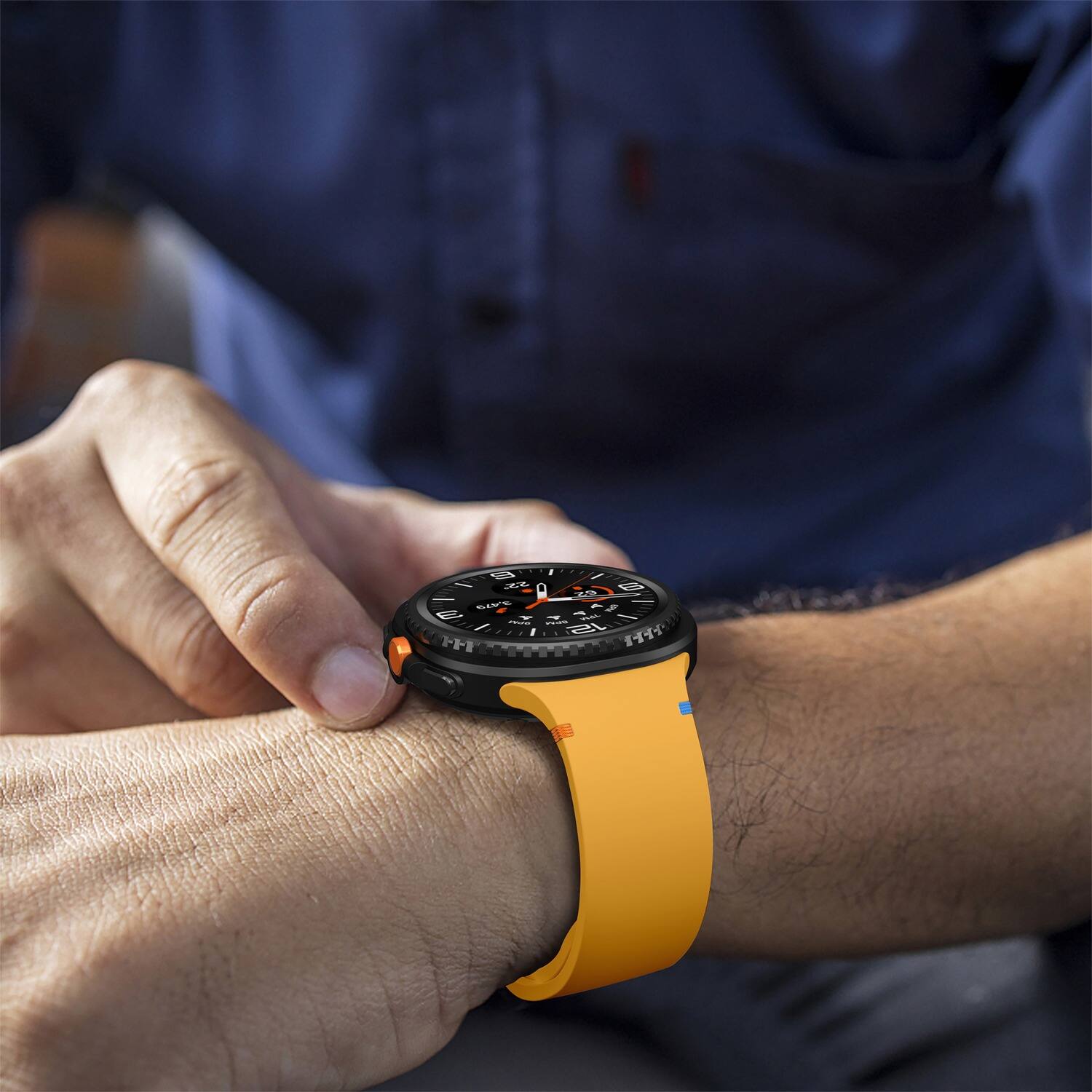 Left. StrapsCo - Active Band Silicone Rubber Watch Strap For Samsung Galaxy Watch 8 (Medium-Long) - Mustard.