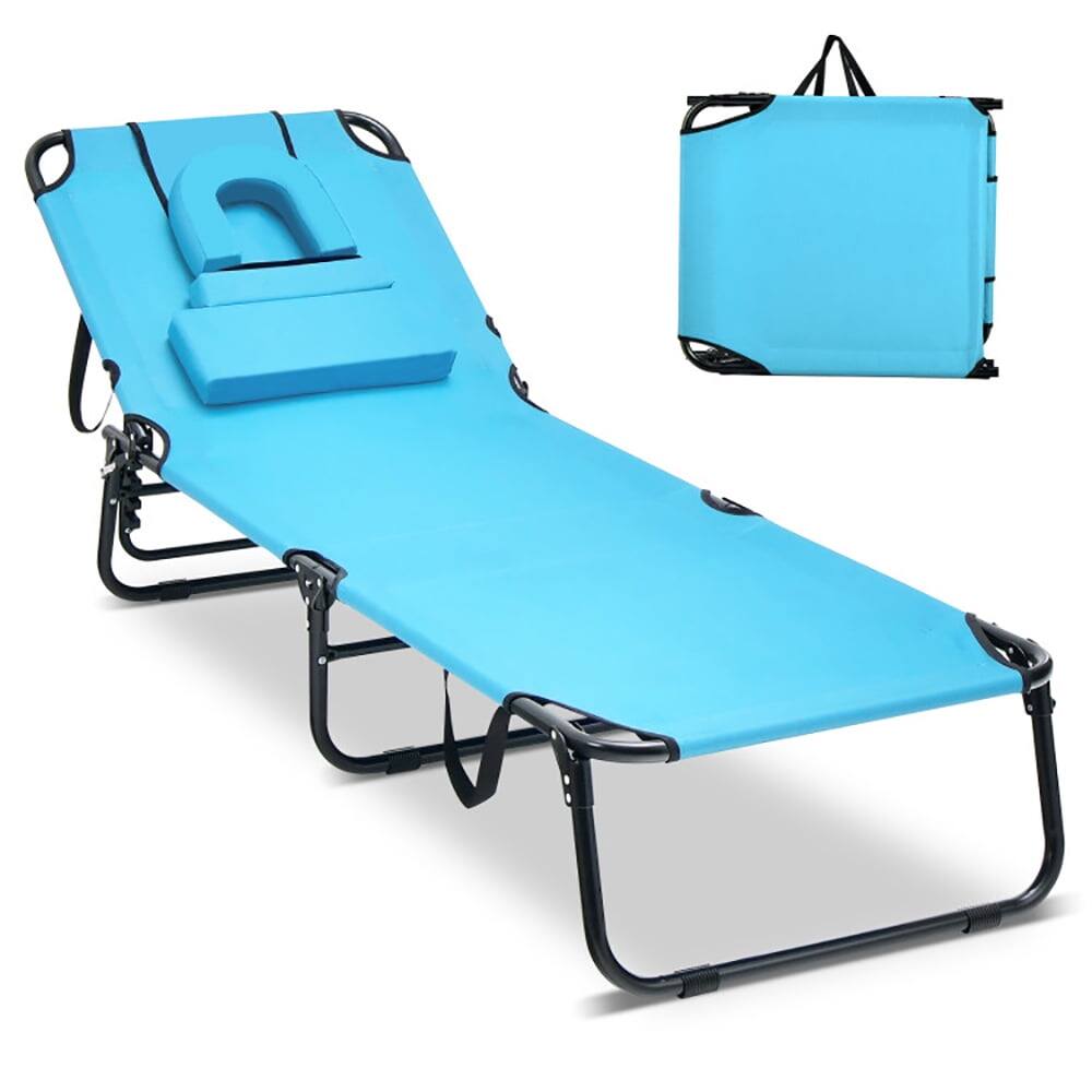 Left. Kadyn - Outdoor Chaise Lounge Chair, Beach Chaise Lounge Chair with Face Hole and Removable Pillow-Turquoise - Blue.