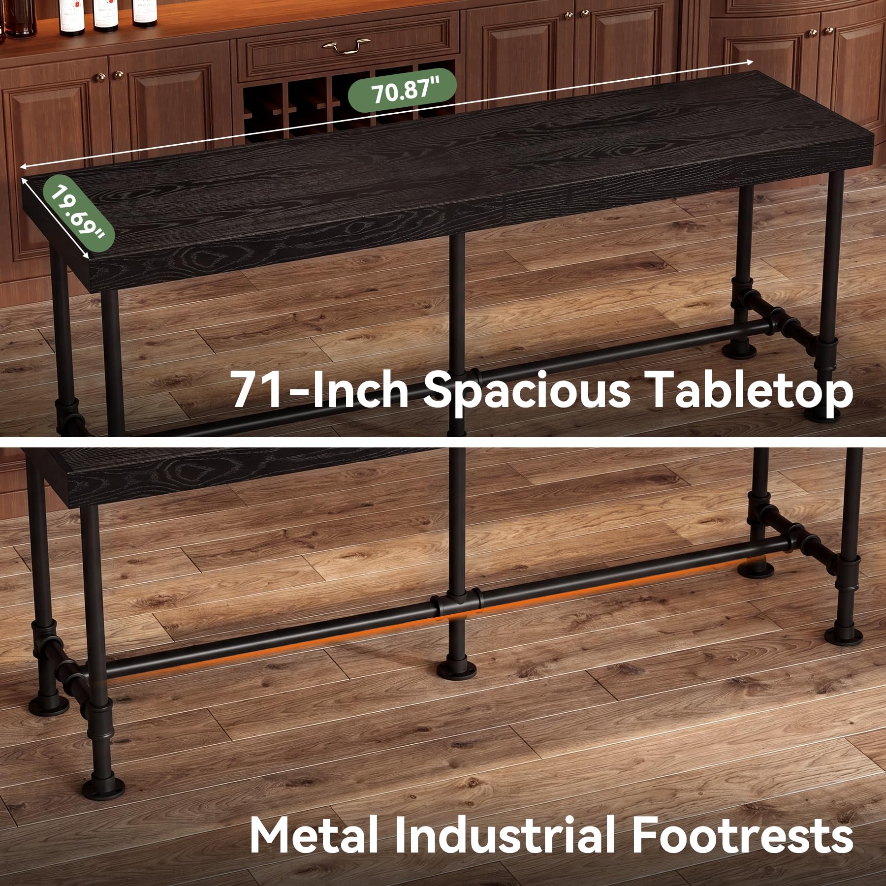 19.69" 70.87"  
71-Inch Spacious Tabletop  
Metal Industrial Footrests