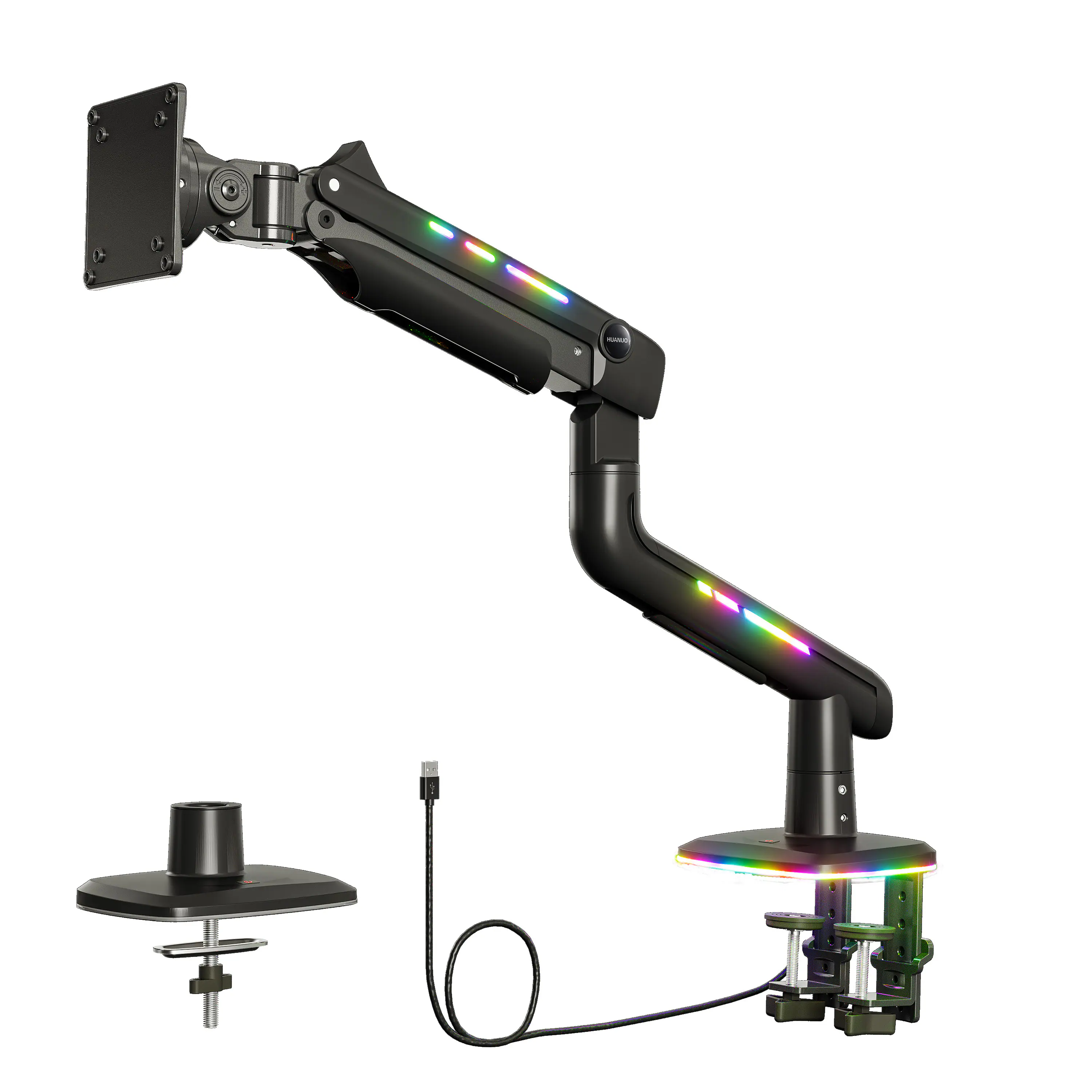 HUANUO - Single Monitor Desk Mount with Mechanical Spring Arm, Integrated LED Light, & Supports up to a 57” Monitor - Black