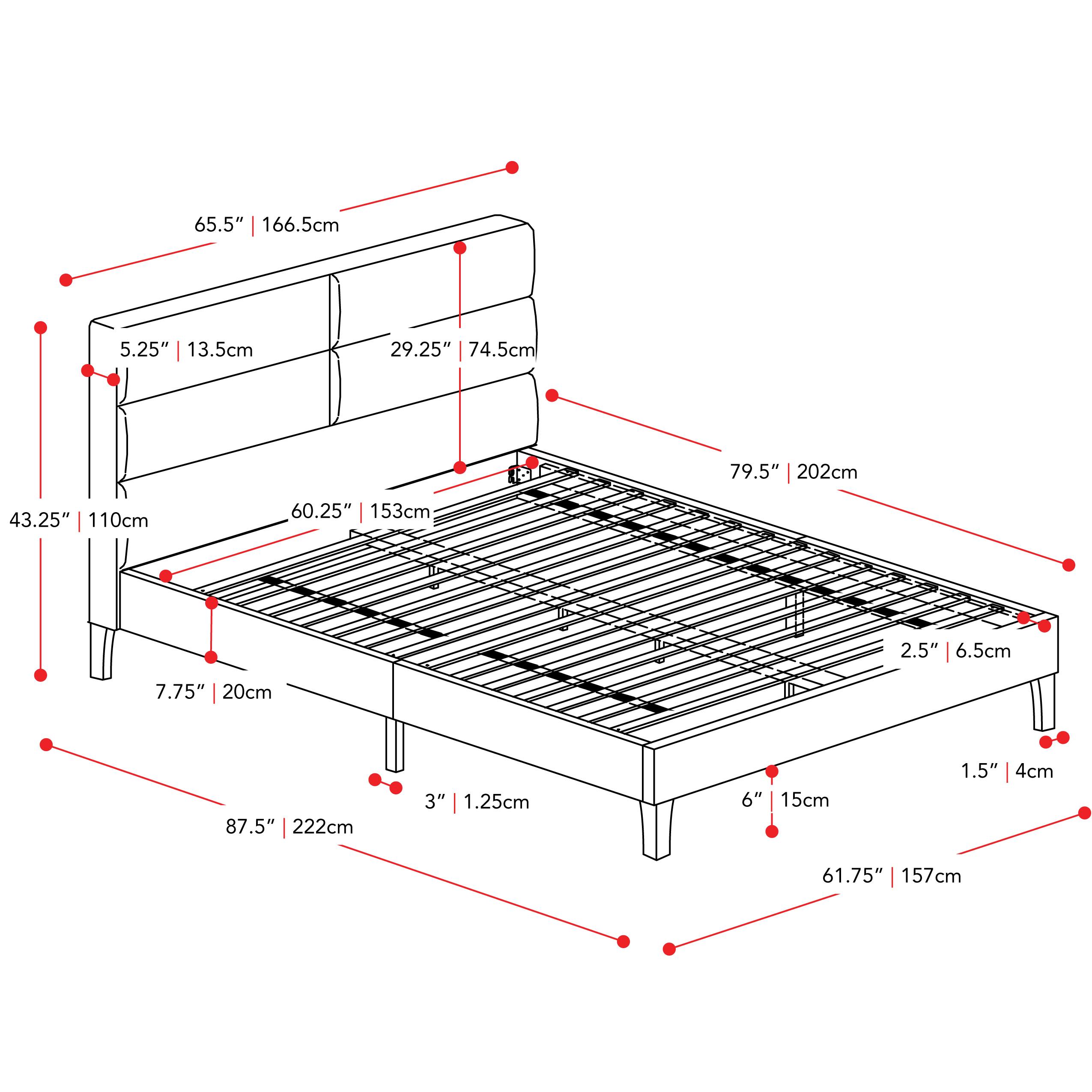 L: 65.5" | 166.5cm, 29.25" | 74.5cm, 79.5" | 202cm, 43.25" | 110cm, 60.25" | 153cm
W: 2.5" | 6.5cm, 7.75" | 20cm, 87.5" | 222cm, 3" | 1.25cm, 6" | 15cm, 1.5" | 4cm, 61.75" | 157cm