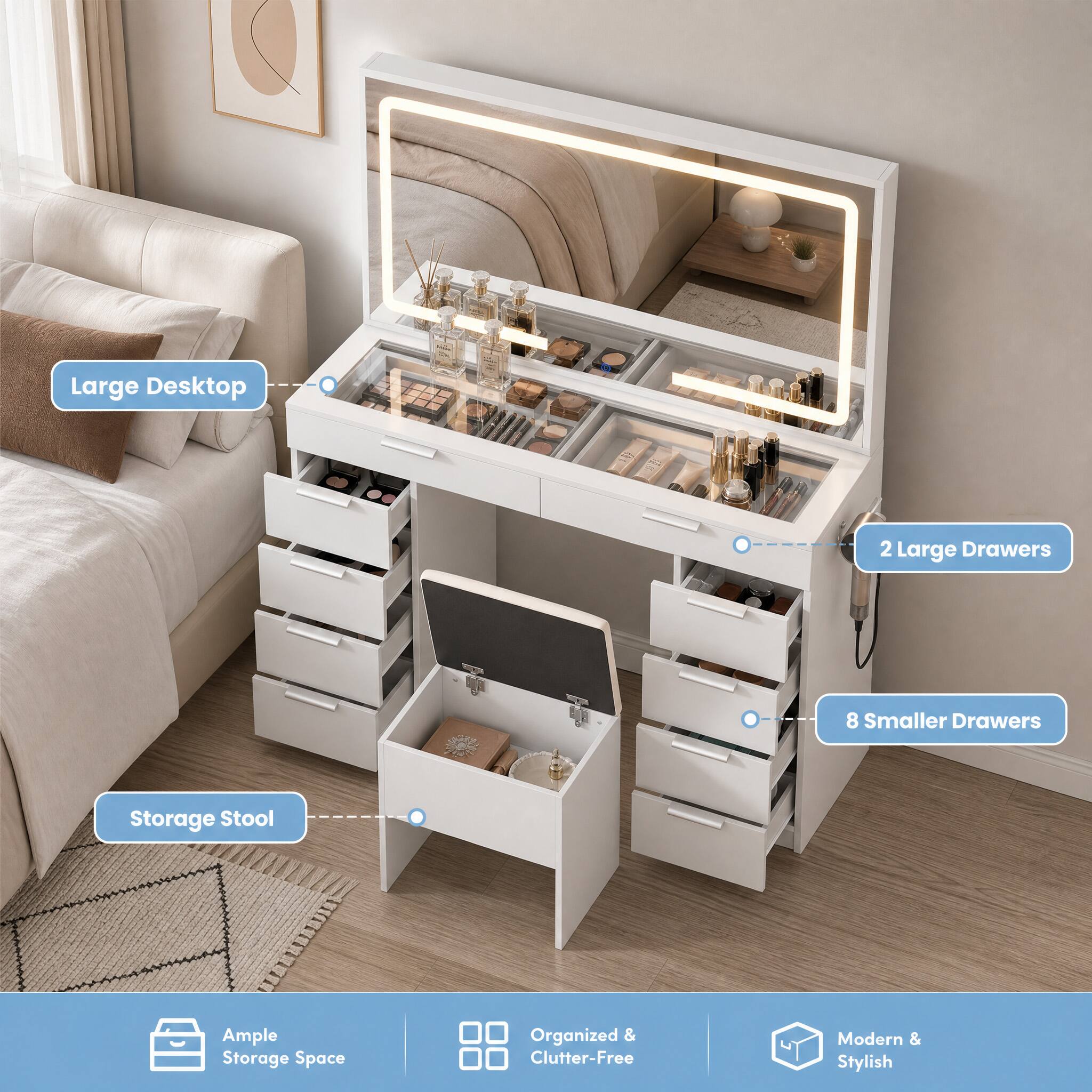 Large Desktop  
2 Large Drawers  
8 Smaller Drawers  
Storage Stool  
Ample Storage Space  
Organized & Clutter-Free  
Modern & Stylish