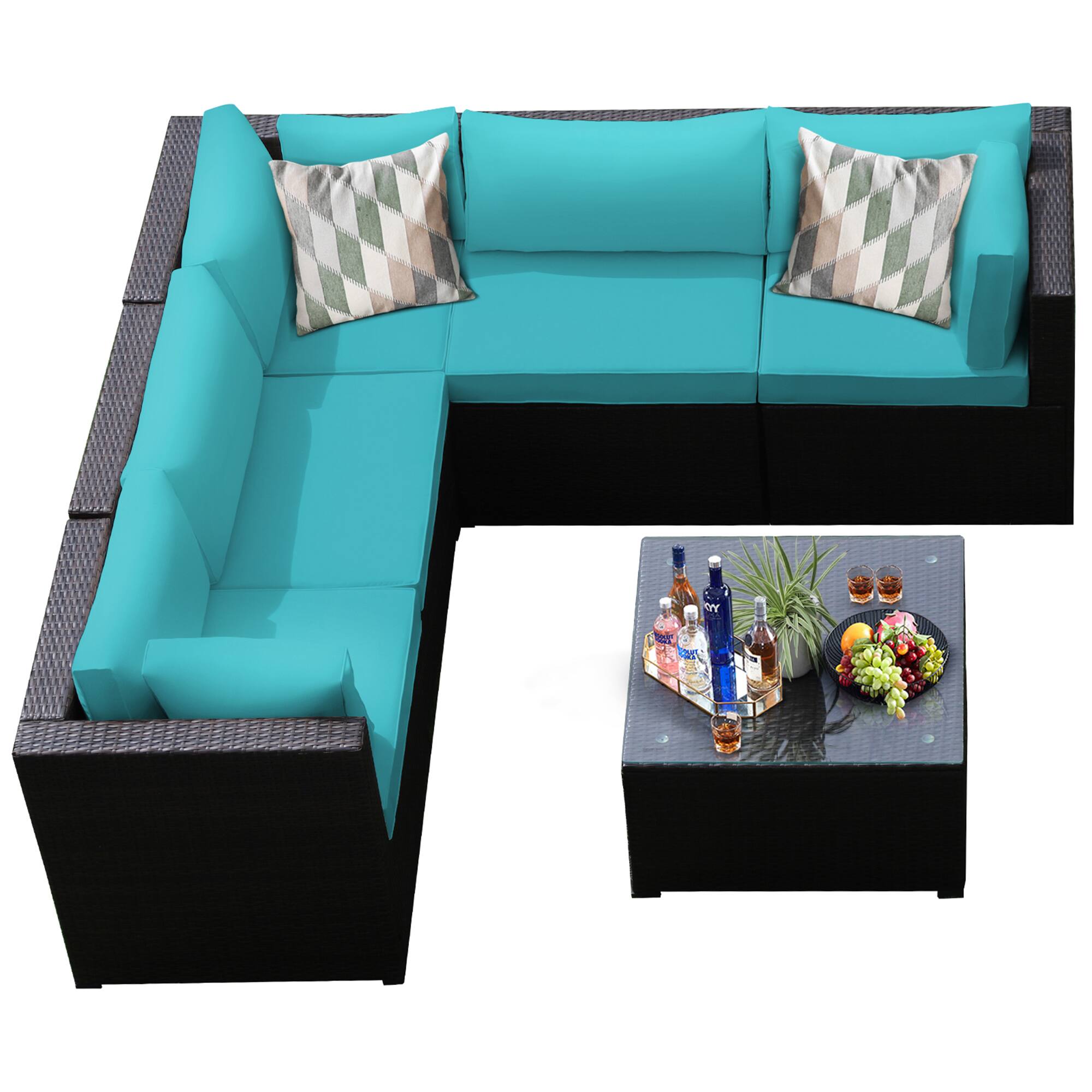 Alt View 3. Gymax - Gymax 6PCS Rattan Patio Sectional Sofa Conversation Set Outdoor w/ Turquoise Cushions - Turquoise.