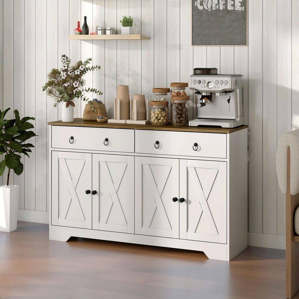Front. Kadyn - Farmhouse Sideboard with Barn Doors, Drawers and Adjustable Shelves, White - White.