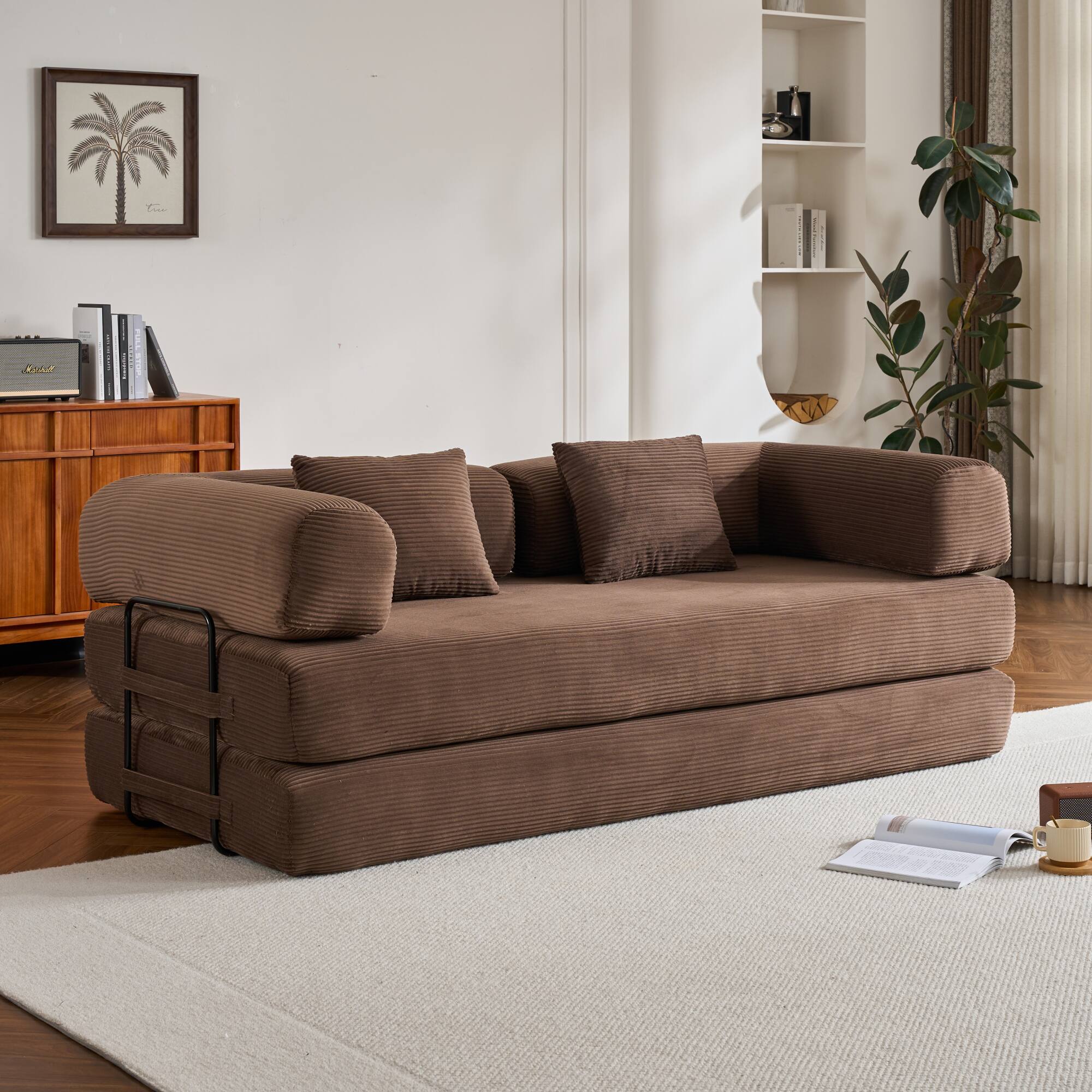 Angle. GOODSILO - Convertible Sleeper Sofa in Cylindroy Fabric | Features a Cylindrical Pillow & Space-Saving Foldable Design - Brown.