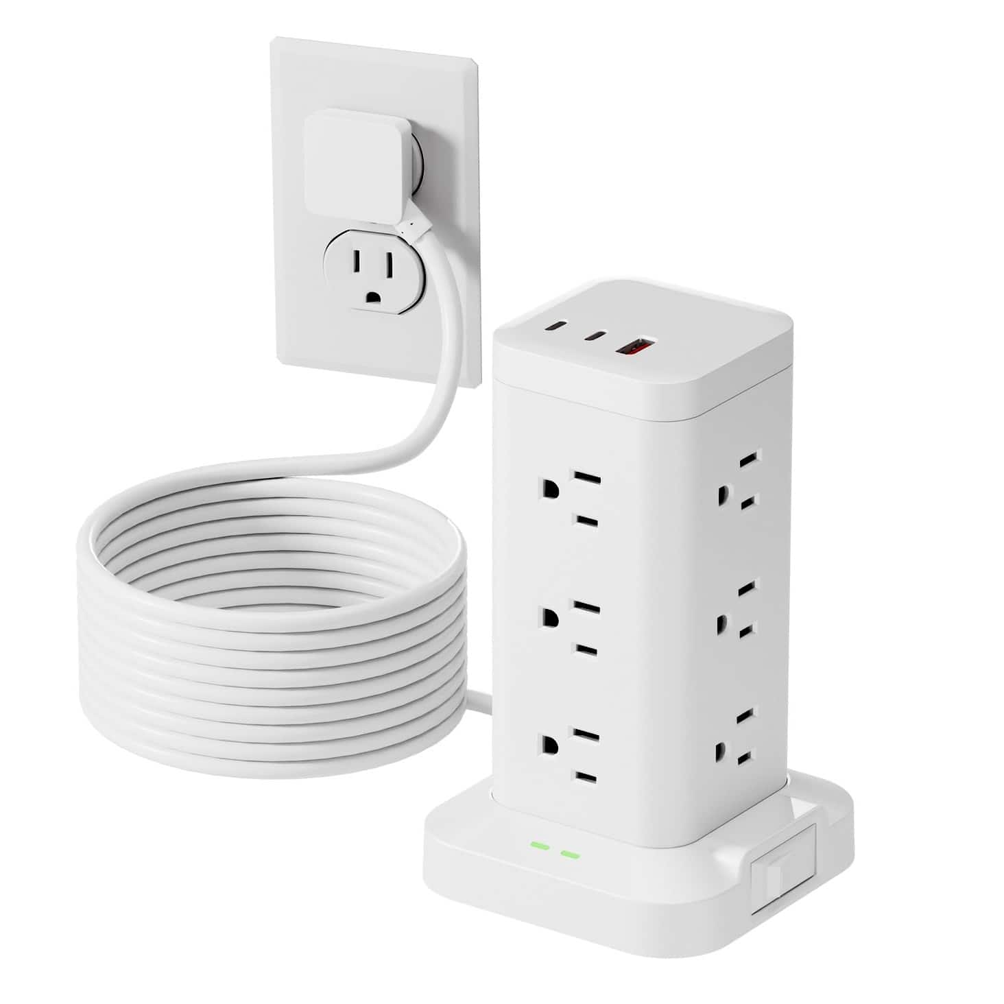 Dazzed Corner - Power Strip Tower with Surge Protector, 10FT Extension Cord - White