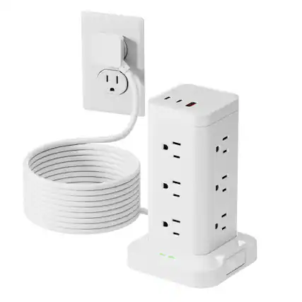 Front. Dazzed Corner - Power Strip Tower with Surge Protector, 10FT Extension Cord - White.