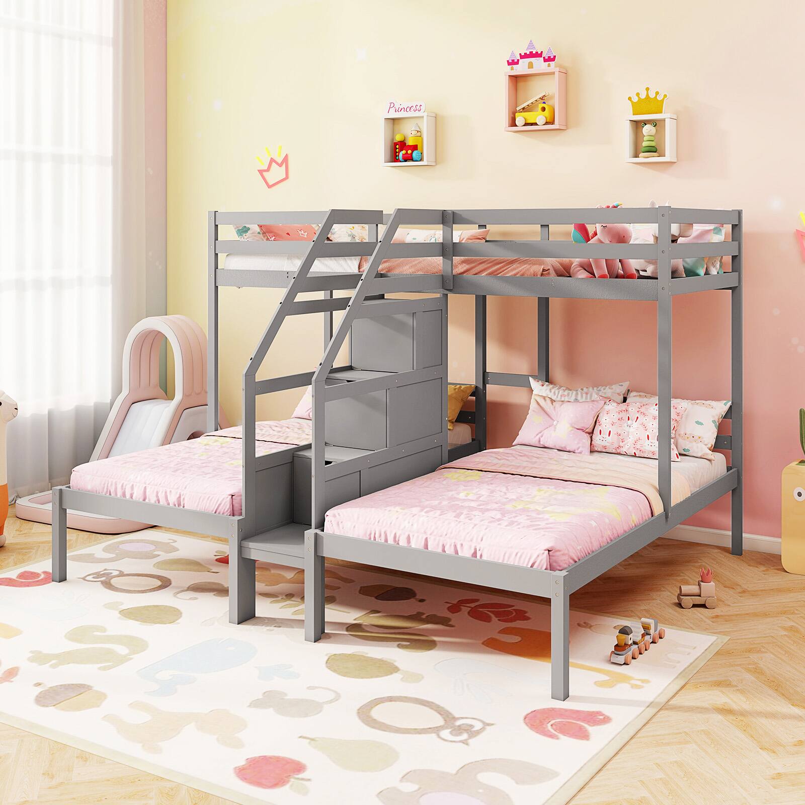 Alt View 8. Gymax - Gymax Wooden Twin Over Twin & Twin Bunk Bed w/ 4-Step Storage Staircase Guardrail - Gray.