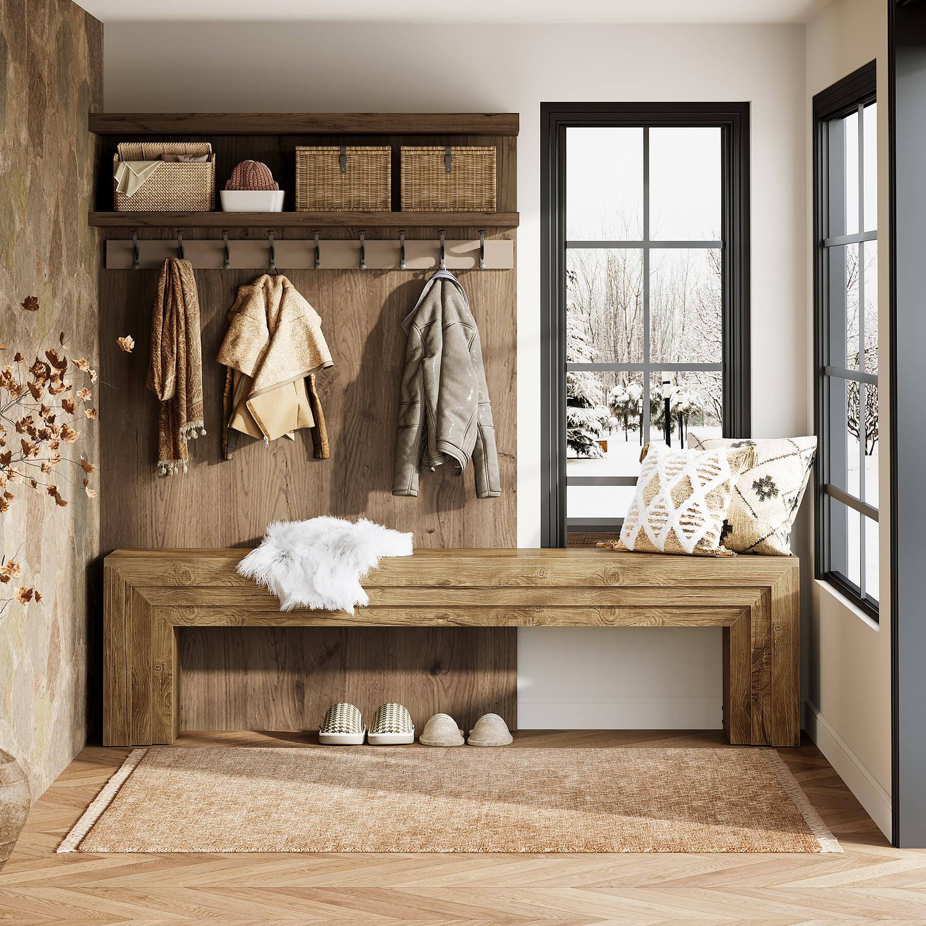 Alt View 3. Tribesigns - 71" Extra Long Entryway Bench, Farmhouse Bed Bench (Brown) - Brown.