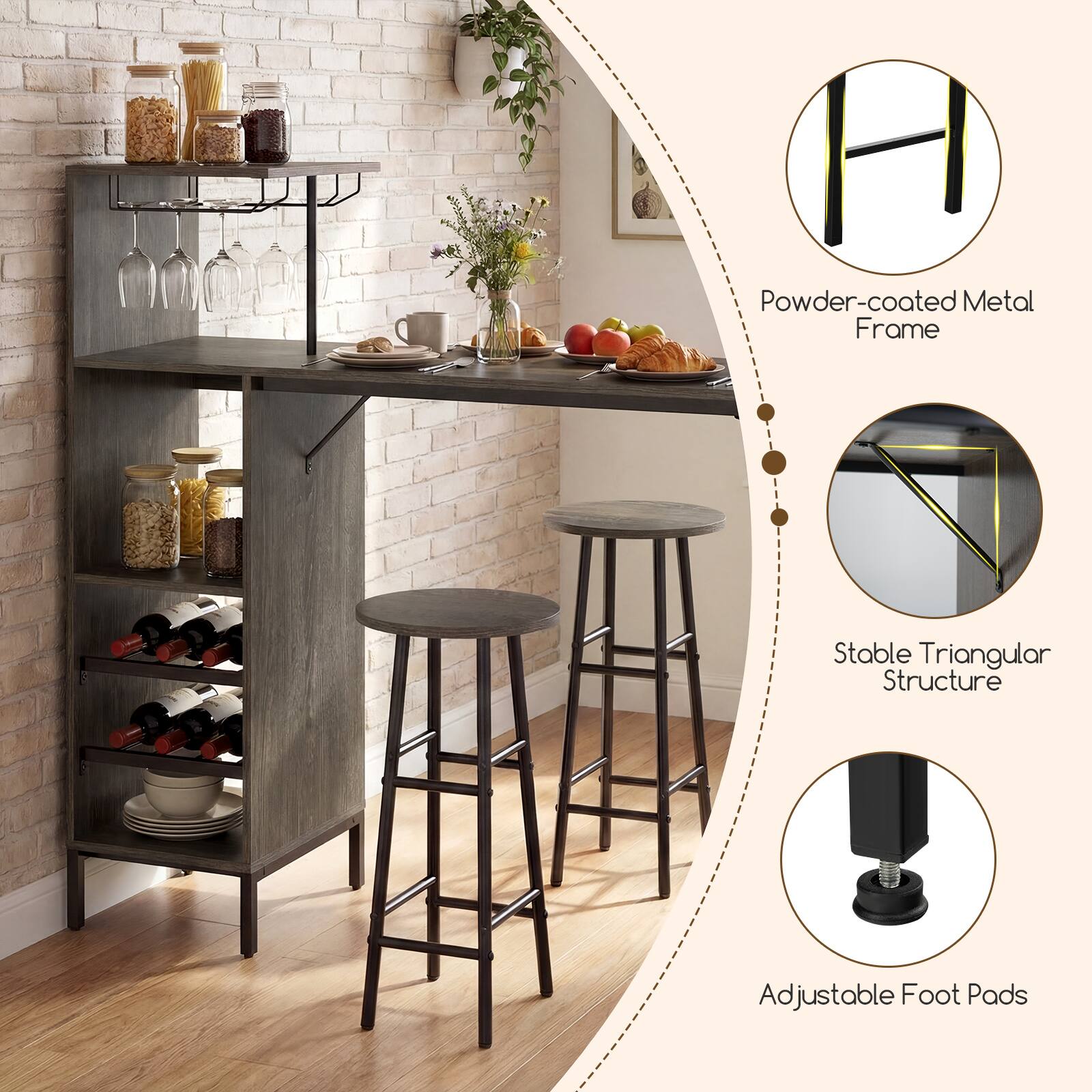 Powder-coated Metal Frame  
Stable Triangular Structure  
Adjustable Foot Pads