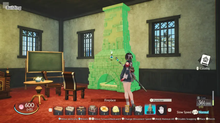 The image is a screenshot from a video game, likely a role-playing game (RPG) or a virtual world. The main focus is a woman standing in a room with a green object, possibly a statue or a block, in front of her. The woman appears to be holding a sword, indicating that she might be a warrior or a character with combat abilities.

The room is furnished with a chair, a dining table, and a book. There are also two vases placed in the room, one near the woman and the other further away. The scene suggests that the woman might be exploring or interacting with the environment, possibly engaging in a quest or a mission within the game.