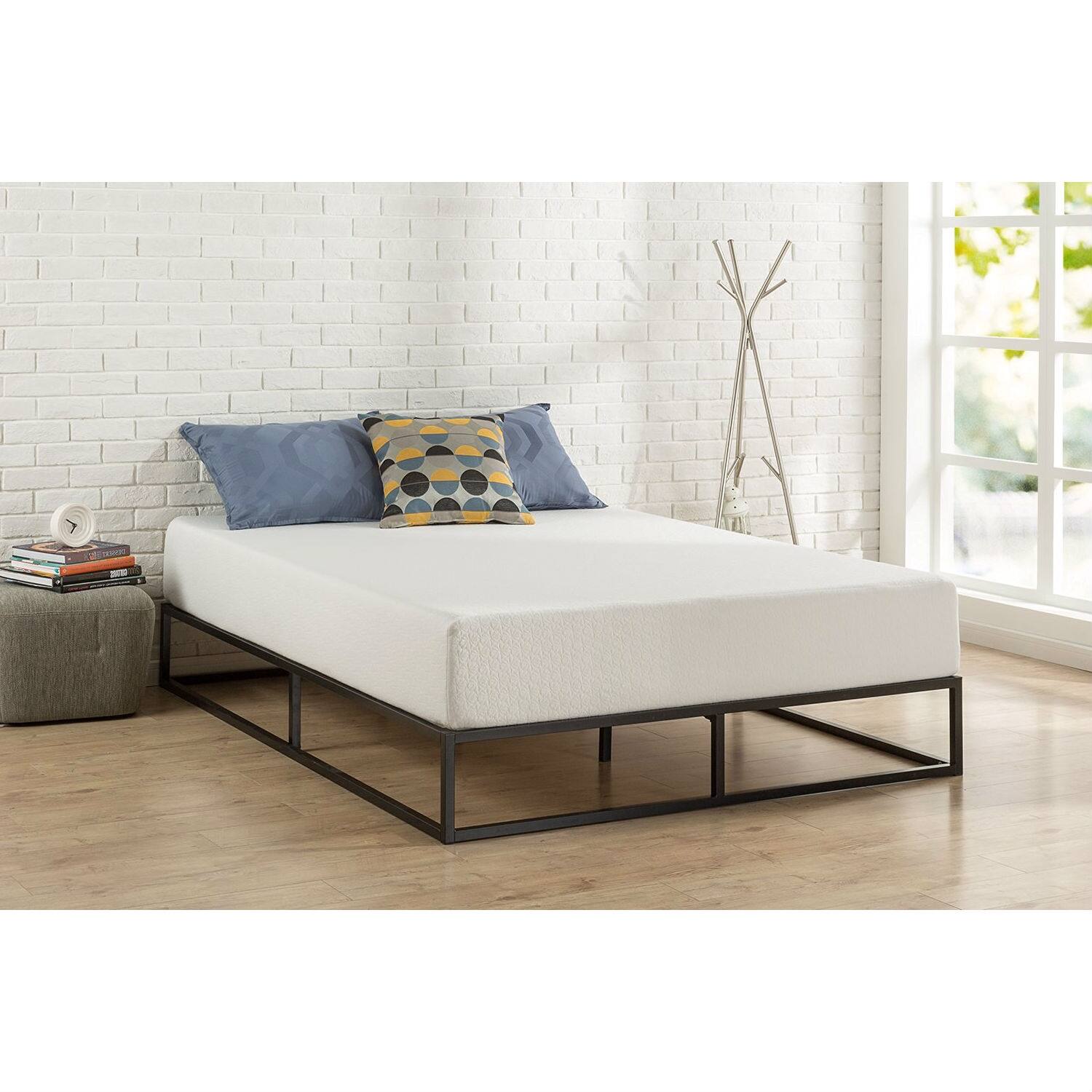 Angle. SlickBlue - Modern Metal Platform Bed Frame, Low Profile with Wood Slats - Black.