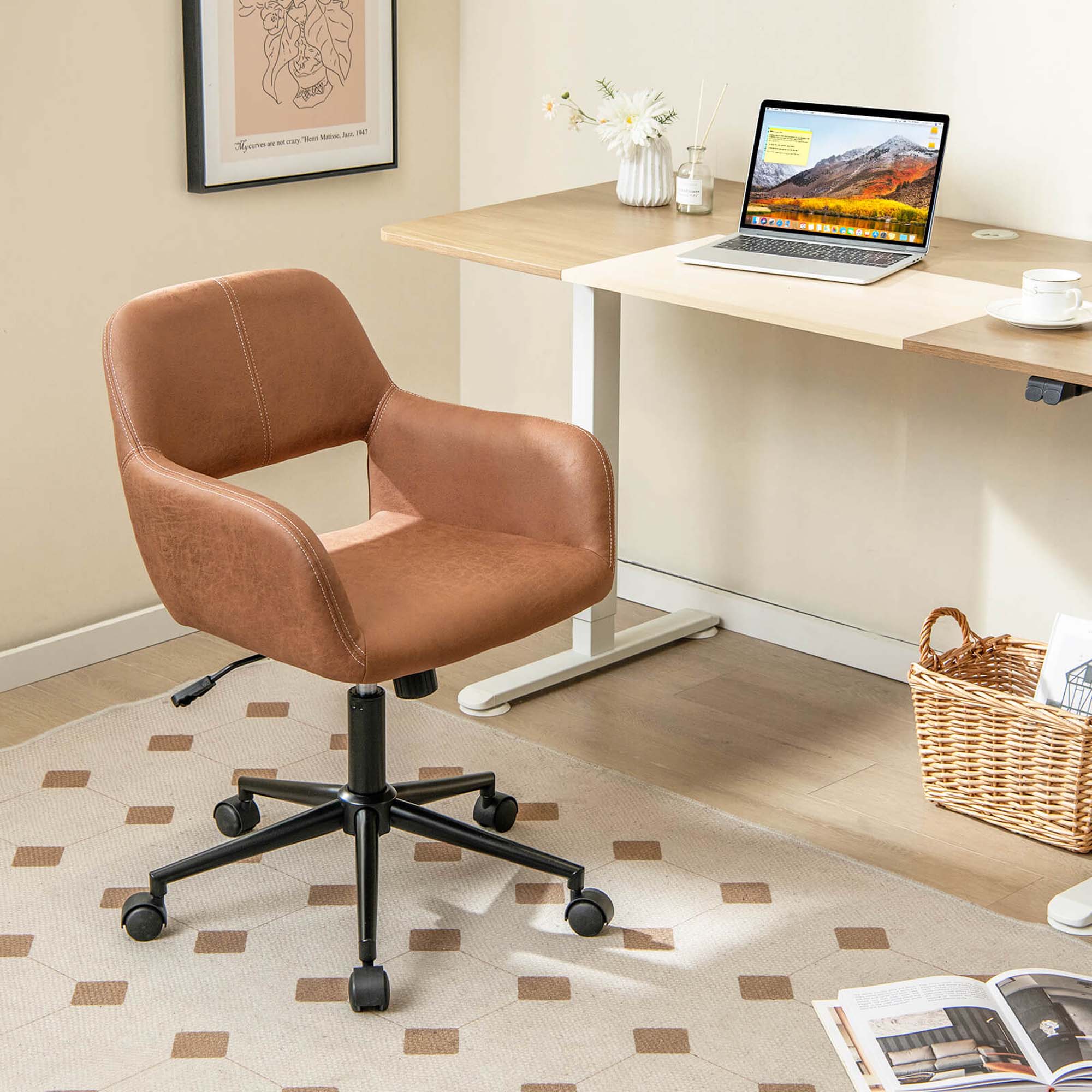 Alt View 6. Costway - Leathaire Home Office Chair with Ergonomic Backrest Padded Armrests Casters - Retro Brown.