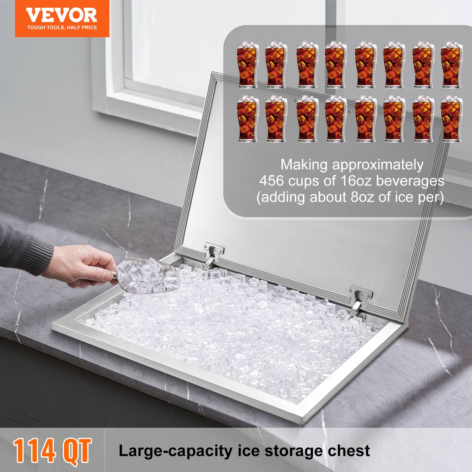 VEVOR  
TOUGH TOOLS, HALF PRICE  

Making approximately 456 cups of 16oz beverages (adding about 8oz of ice per)  

114 QT  
Large-capacity ice storage chest